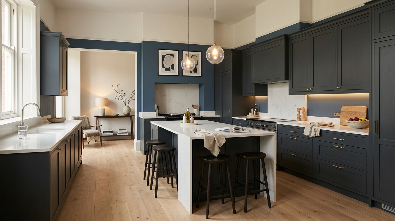 hero_1200x675 Wide view of a newly completed bespoke Mastercraft kitchen, timber veneer slab-door cabinetry in graphite tones