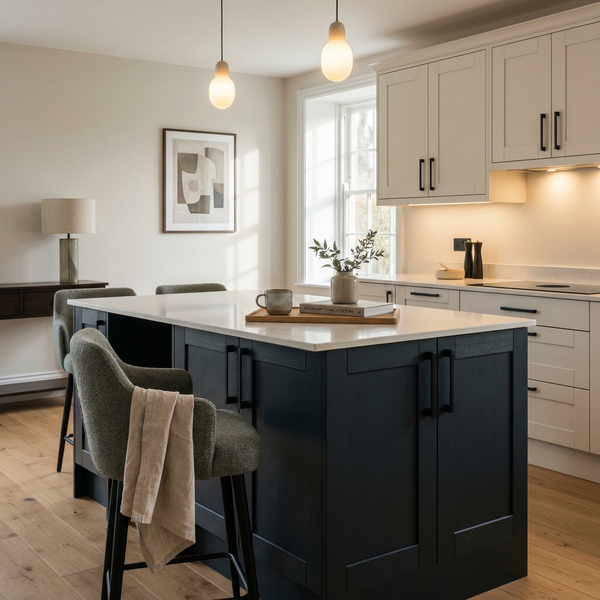Bespoke kitchen island detail, timber veneer slab-door cabinetry with quality joinery