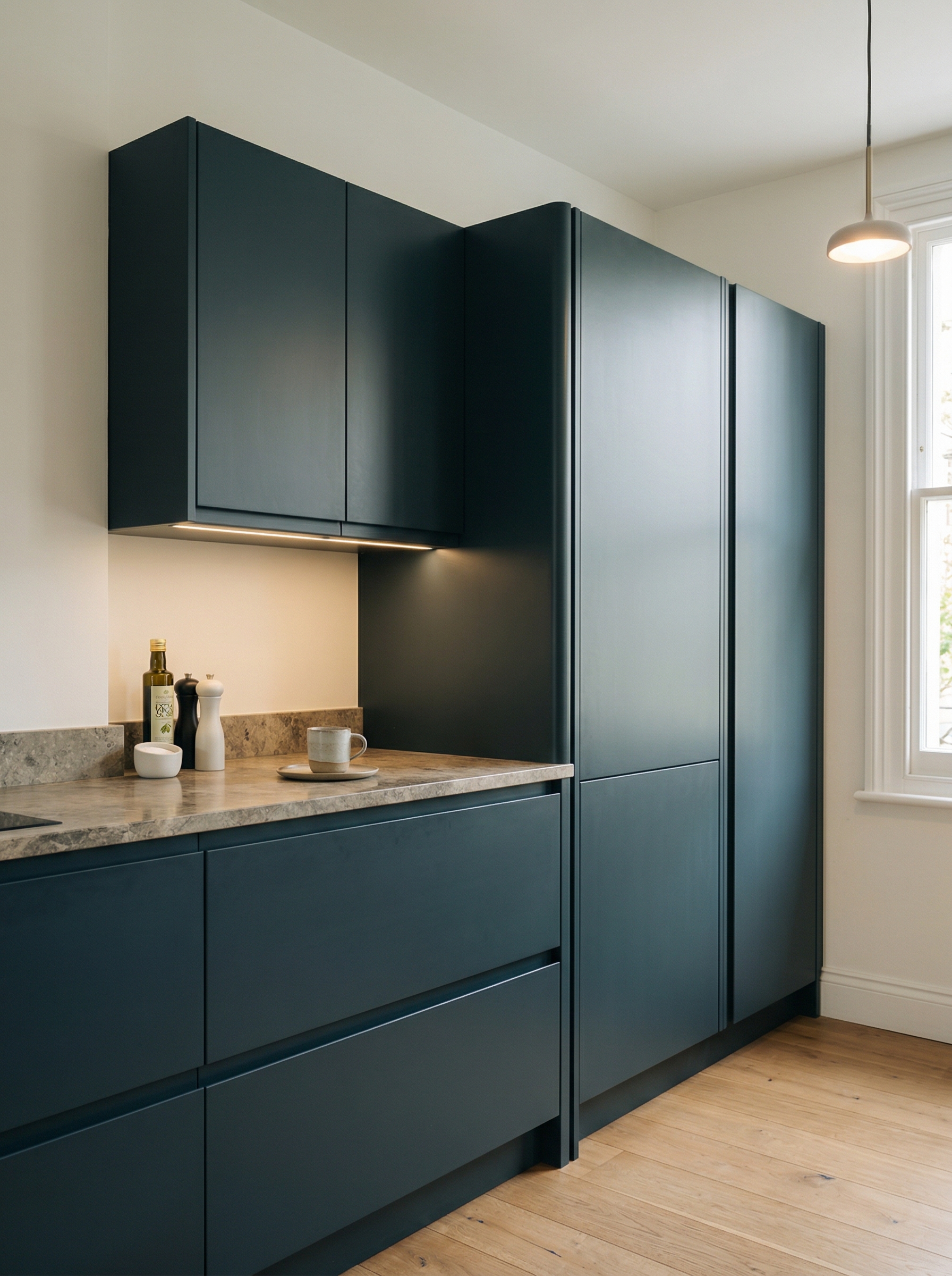 Bespoke kitchen installation, full-height cabinetry and considered storage design