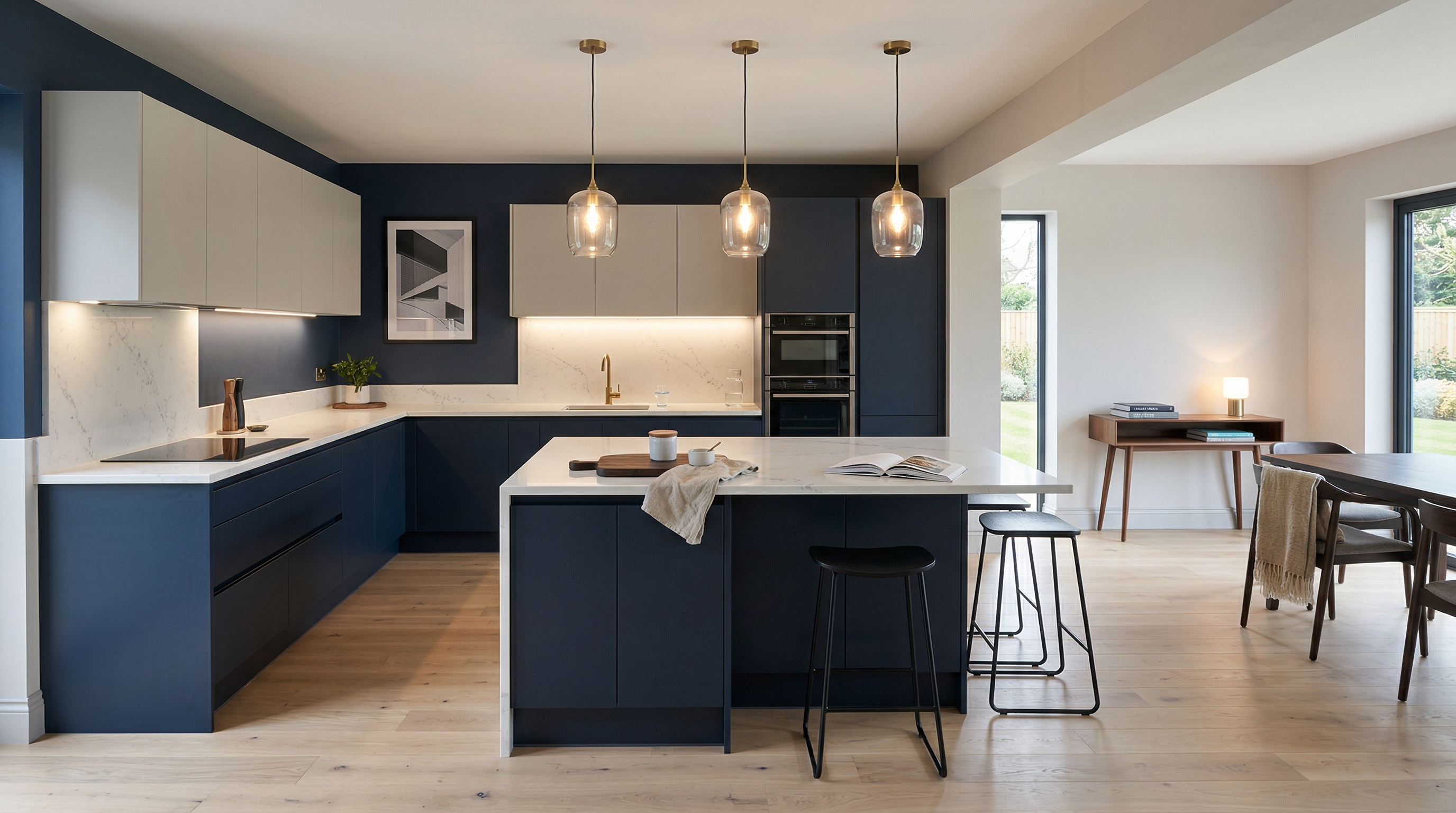 Mastercraft bespoke kitchen in Pyle, wide architectural view showing room volume and design quality