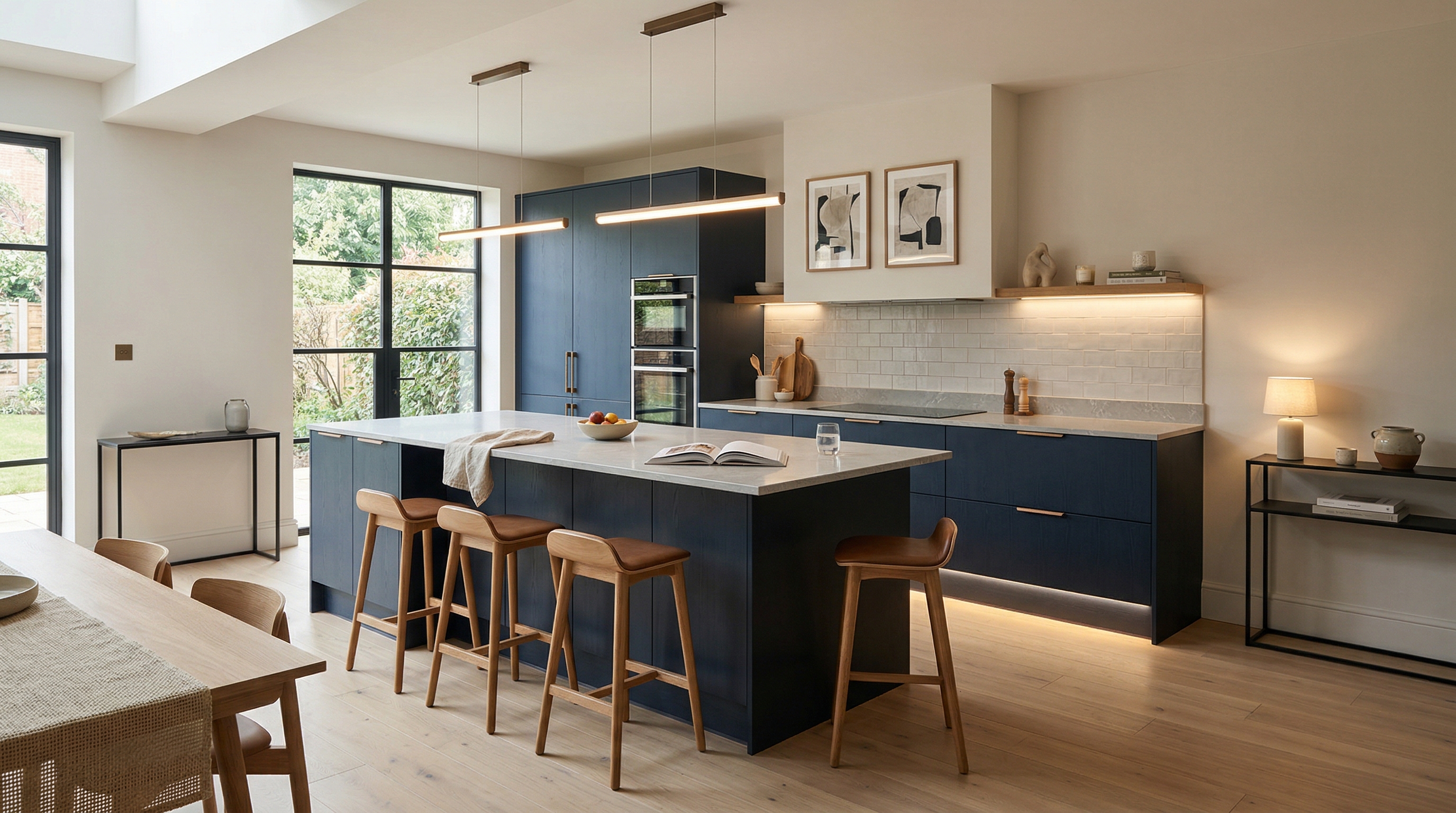 hero_1200x675 Wide view of a newly completed bespoke Mastercraft kitchen, matt painted handleless slab cabinetry in airforce tones