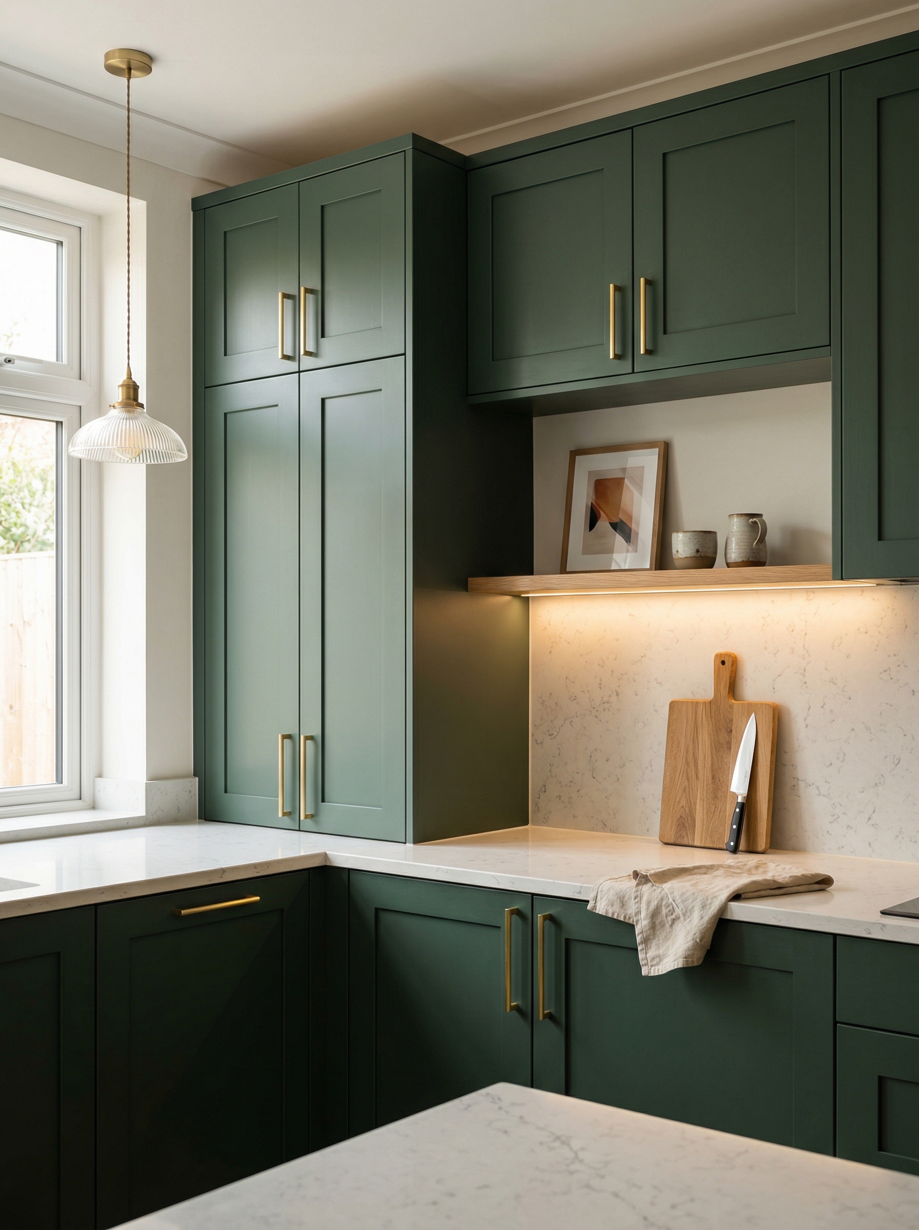 Tall view of full-height bespoke kitchen cabinetry, matt painted handleless slab cabinetry