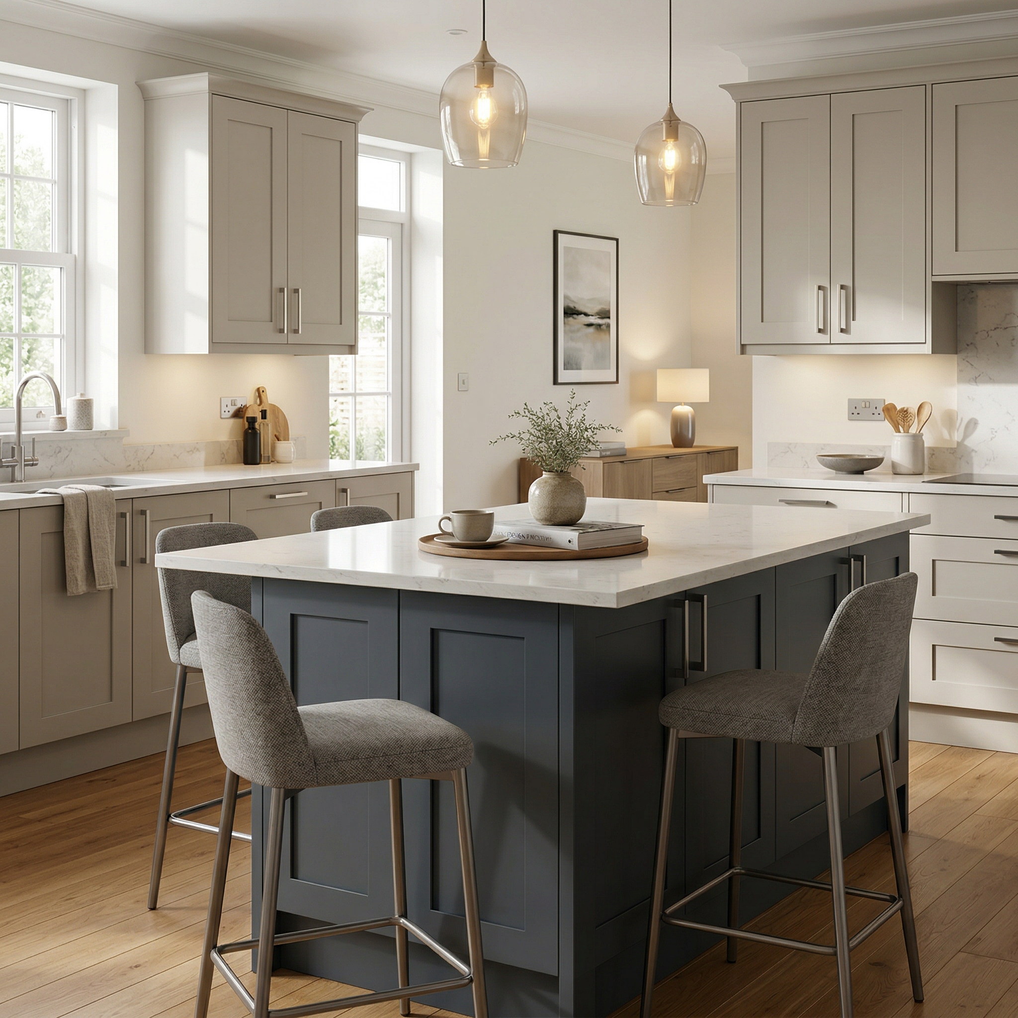 Bespoke kitchen island detail, matt painted handleless slab cabinetry with quality joinery