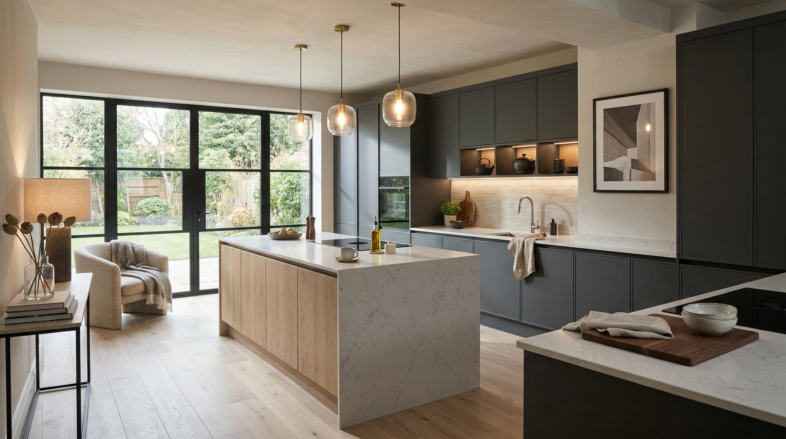 Mastercraft bespoke kitchen in Radyr, wide architectural view showing room volume and design quality