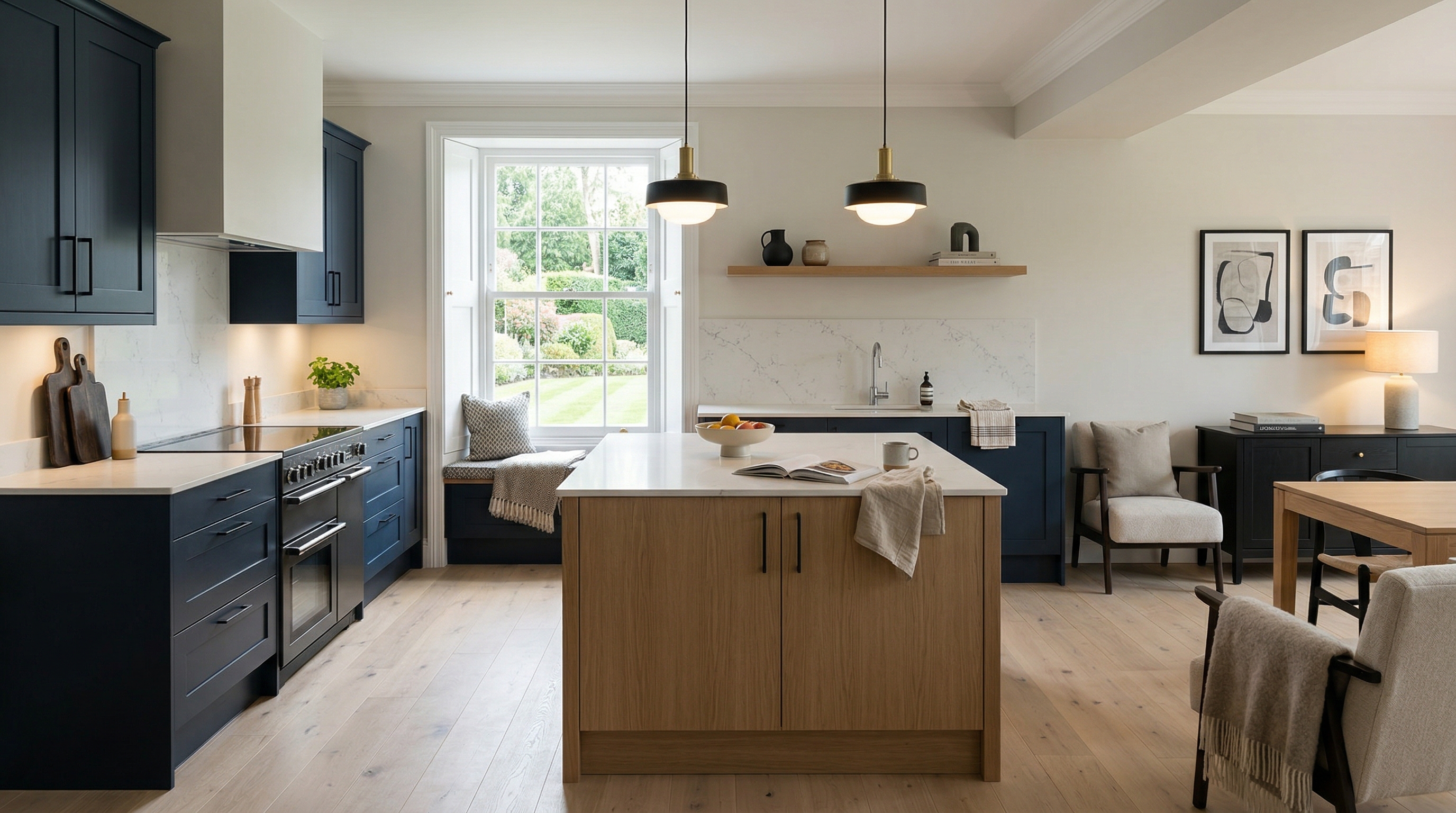 Wide view of a newly completed bespoke Mastercraft kitchen, contemporary painted lay-on cabinetry in stone grey tones