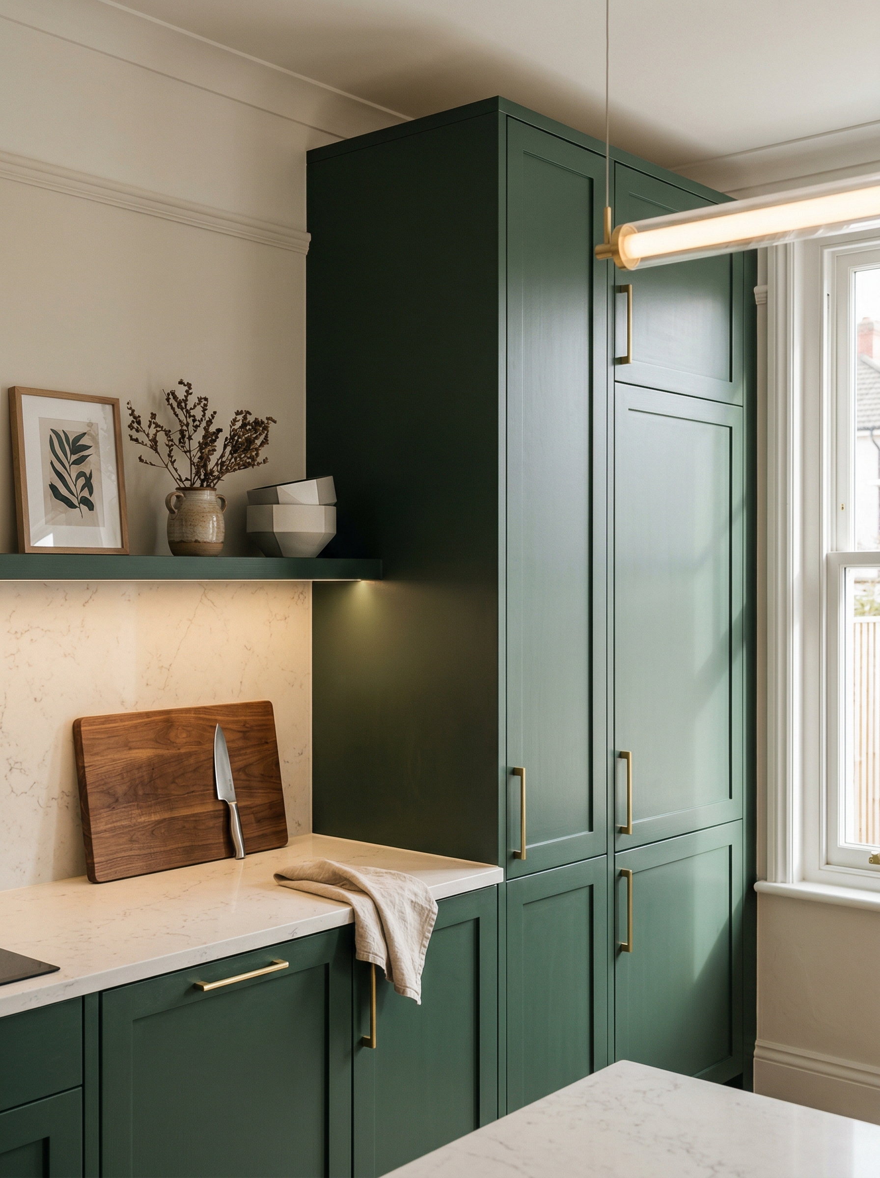 Tall view of full-height bespoke kitchen cabinetry, contemporary painted lay-on cabinetry