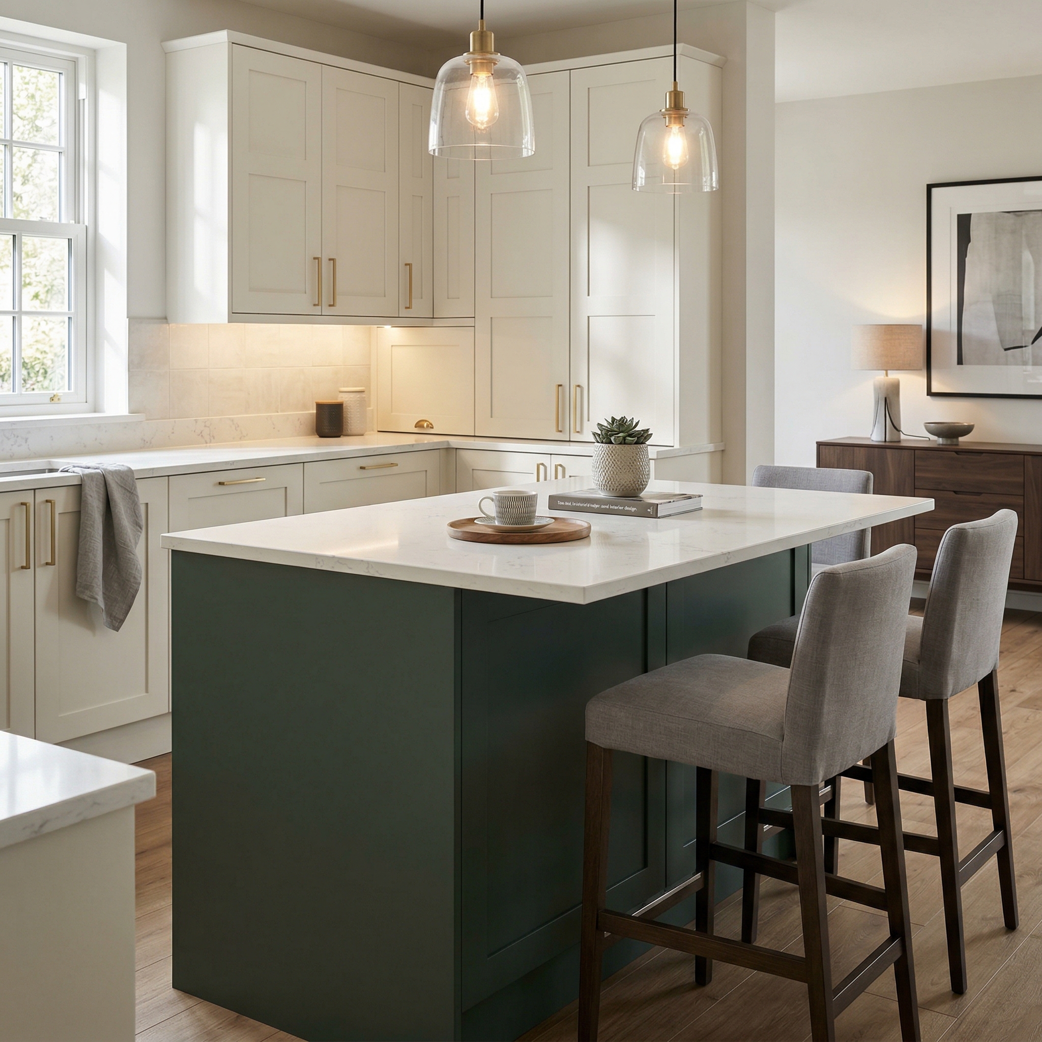 Bespoke kitchen island detail, contemporary painted lay-on cabinetry with quality joinery