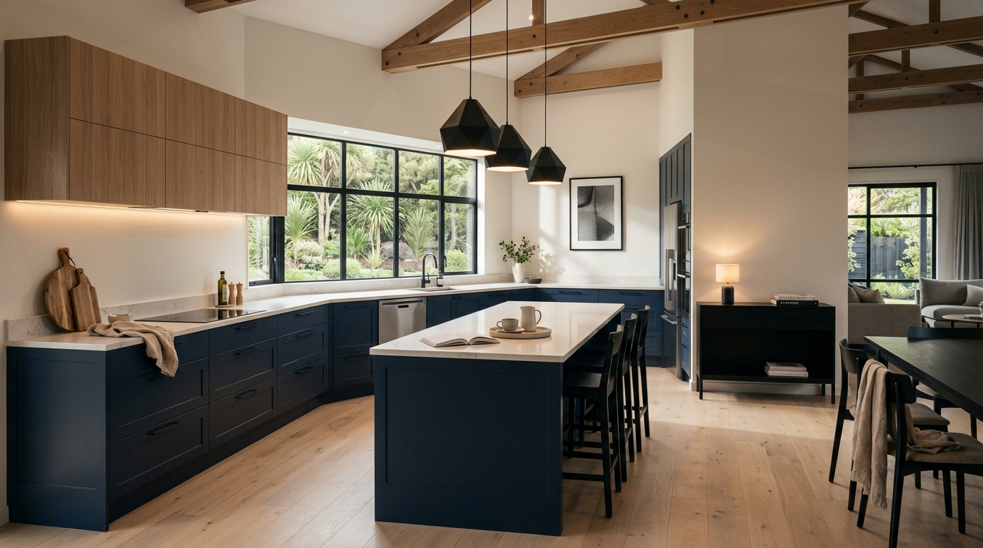 hero_1200x675 Wide view of a newly completed bespoke Mastercraft kitchen, modern shaker cabinetry in willow tones
