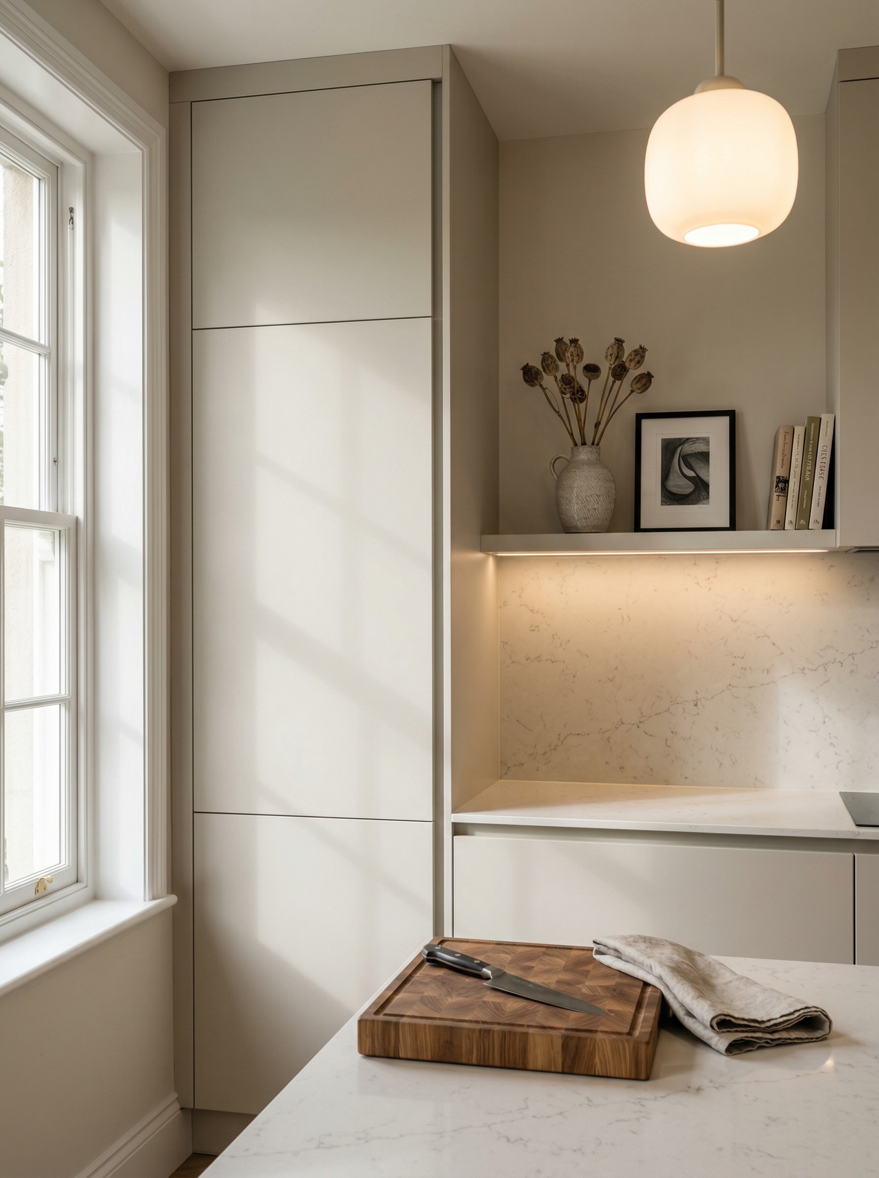 Tall view of full-height bespoke kitchen cabinetry, modern shaker cabinetry