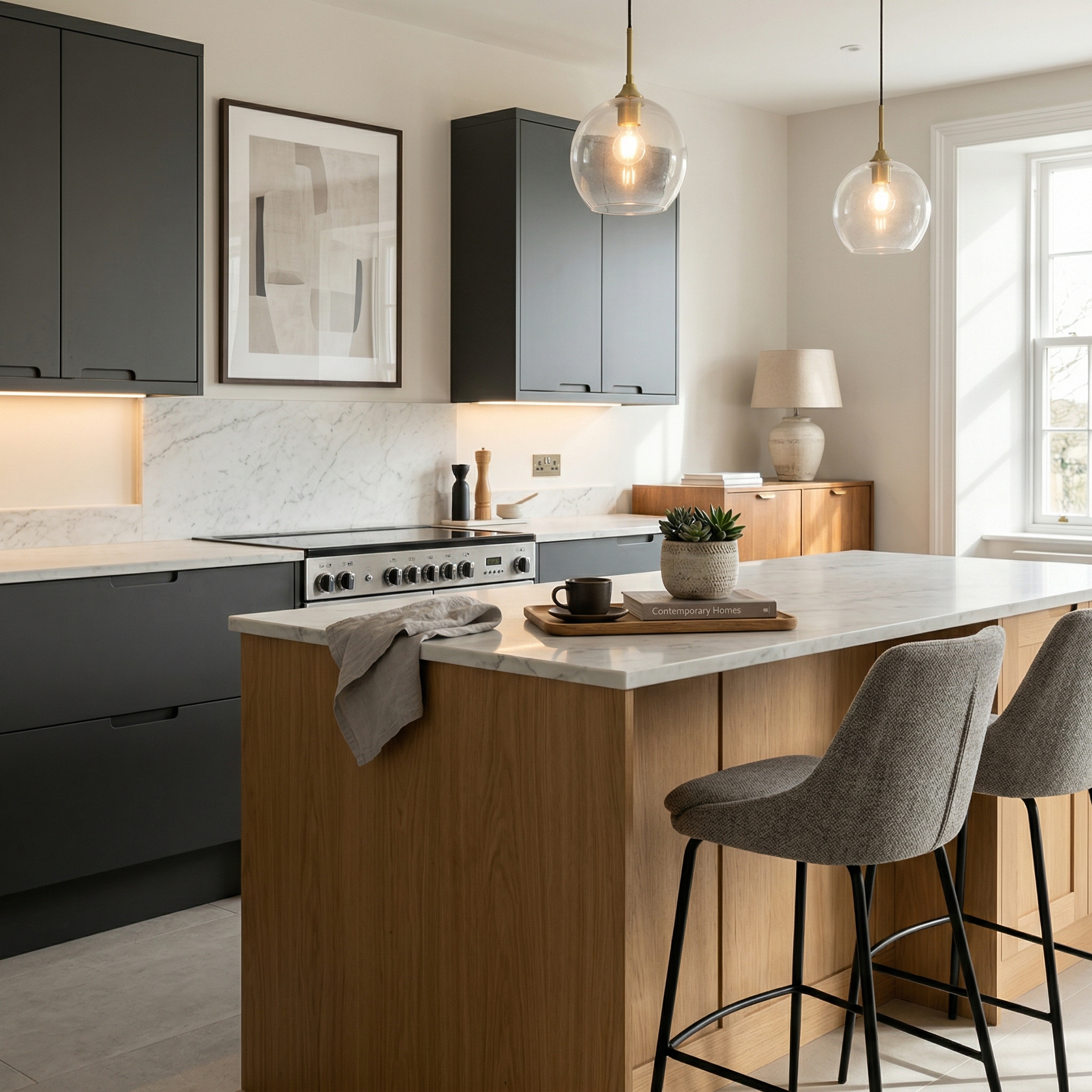 Bespoke kitchen island detail, modern shaker cabinetry with quality joinery