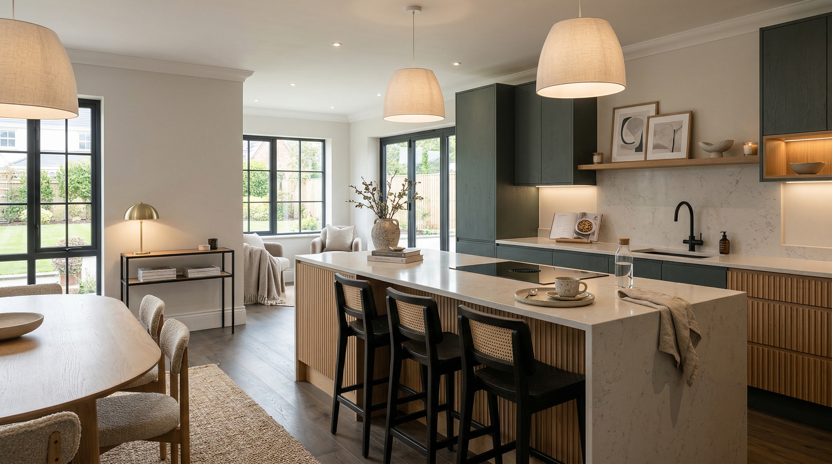 Mastercraft bespoke kitchen in Ramsey, wide architectural view showing room volume and design quality