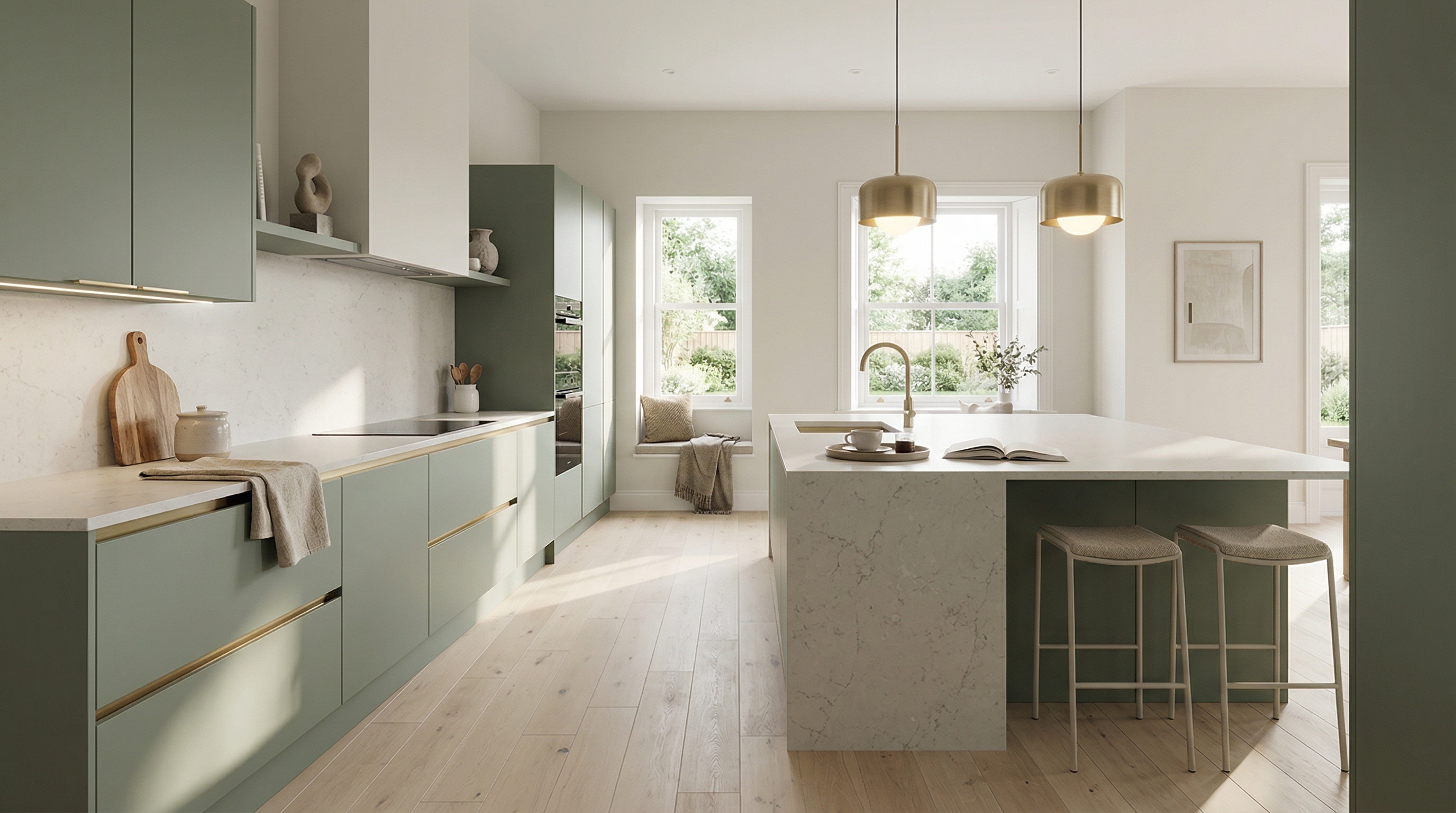 Wide view of a newly completed bespoke Mastercraft kitchen, timber veneer slab-door cabinetry in heritage green tones