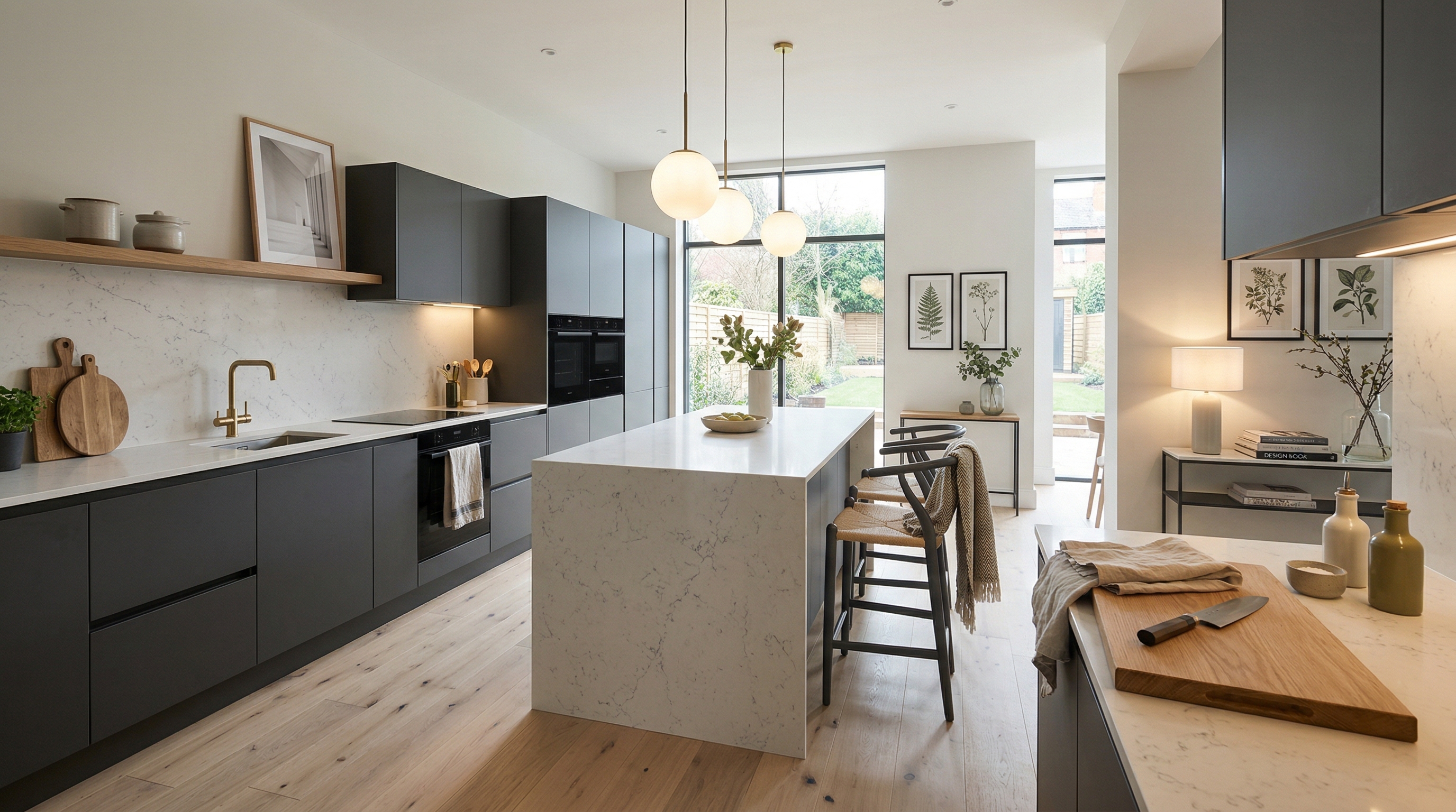 Wide view of a newly completed bespoke Mastercraft kitchen, matt painted handleless slab cabinetry in parisian blue tones