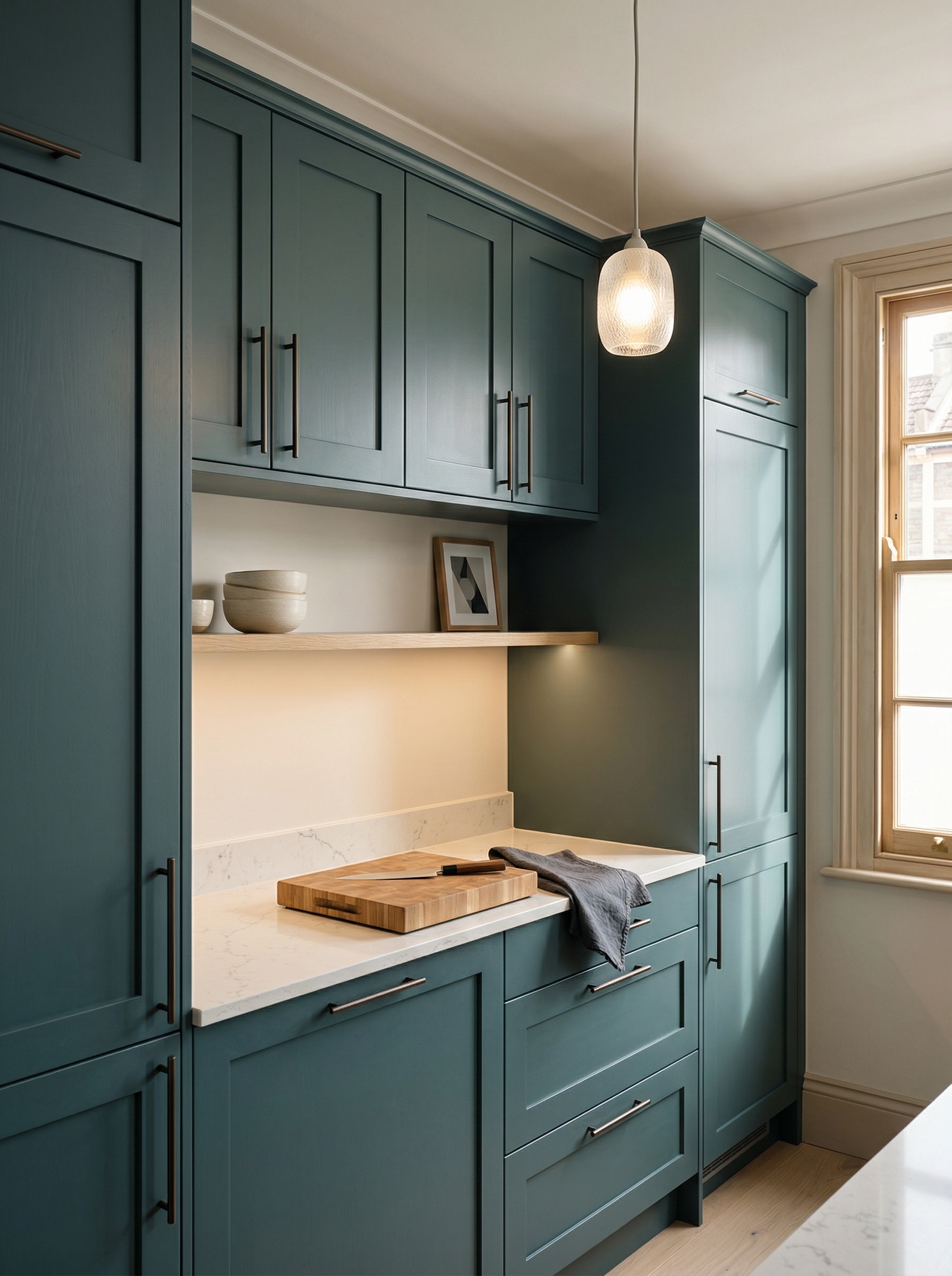 Tall view of full-height bespoke kitchen cabinetry, matt painted handleless slab cabinetry