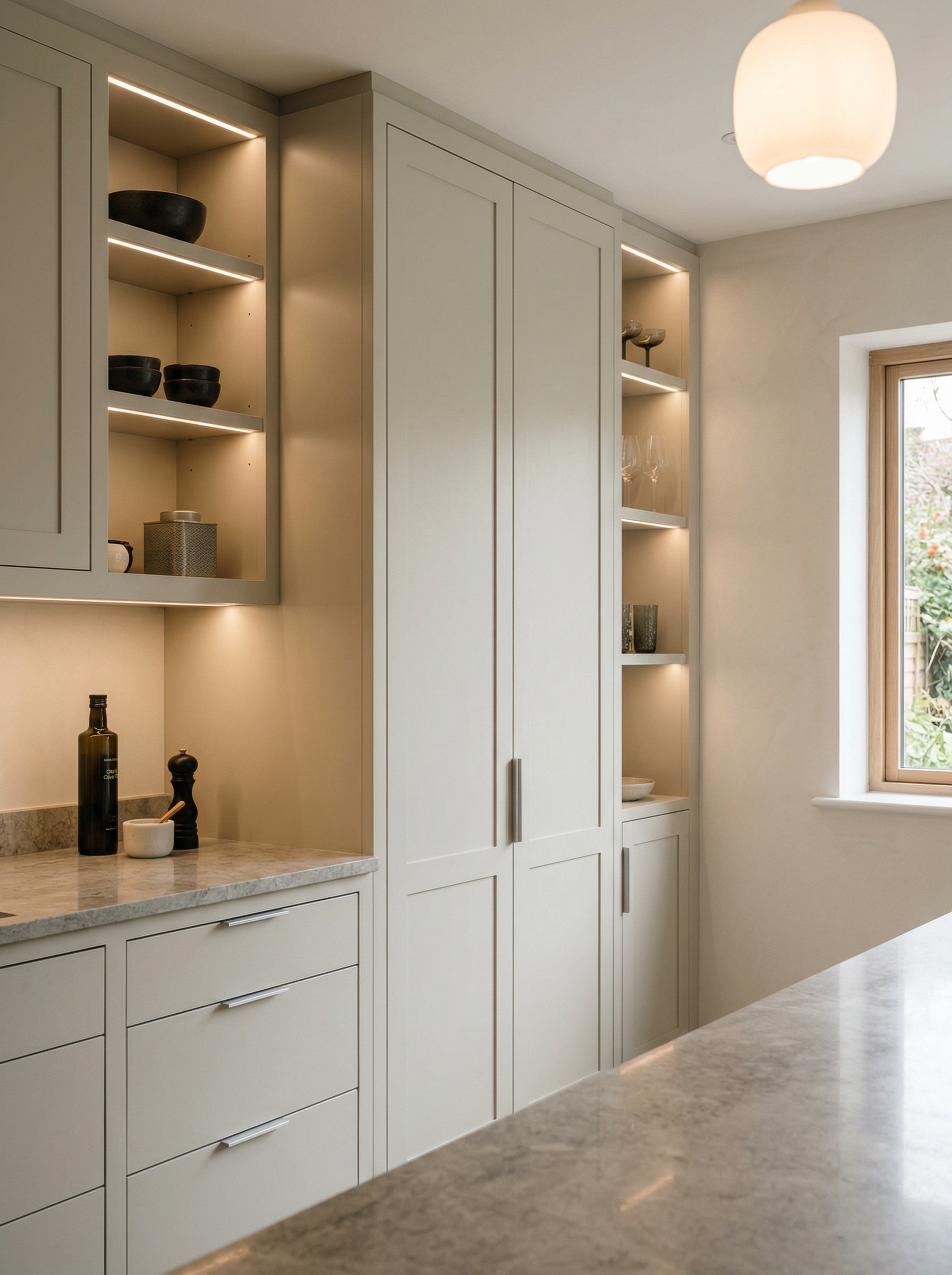 Bespoke kitchen installation, full-height cabinetry and considered storage design