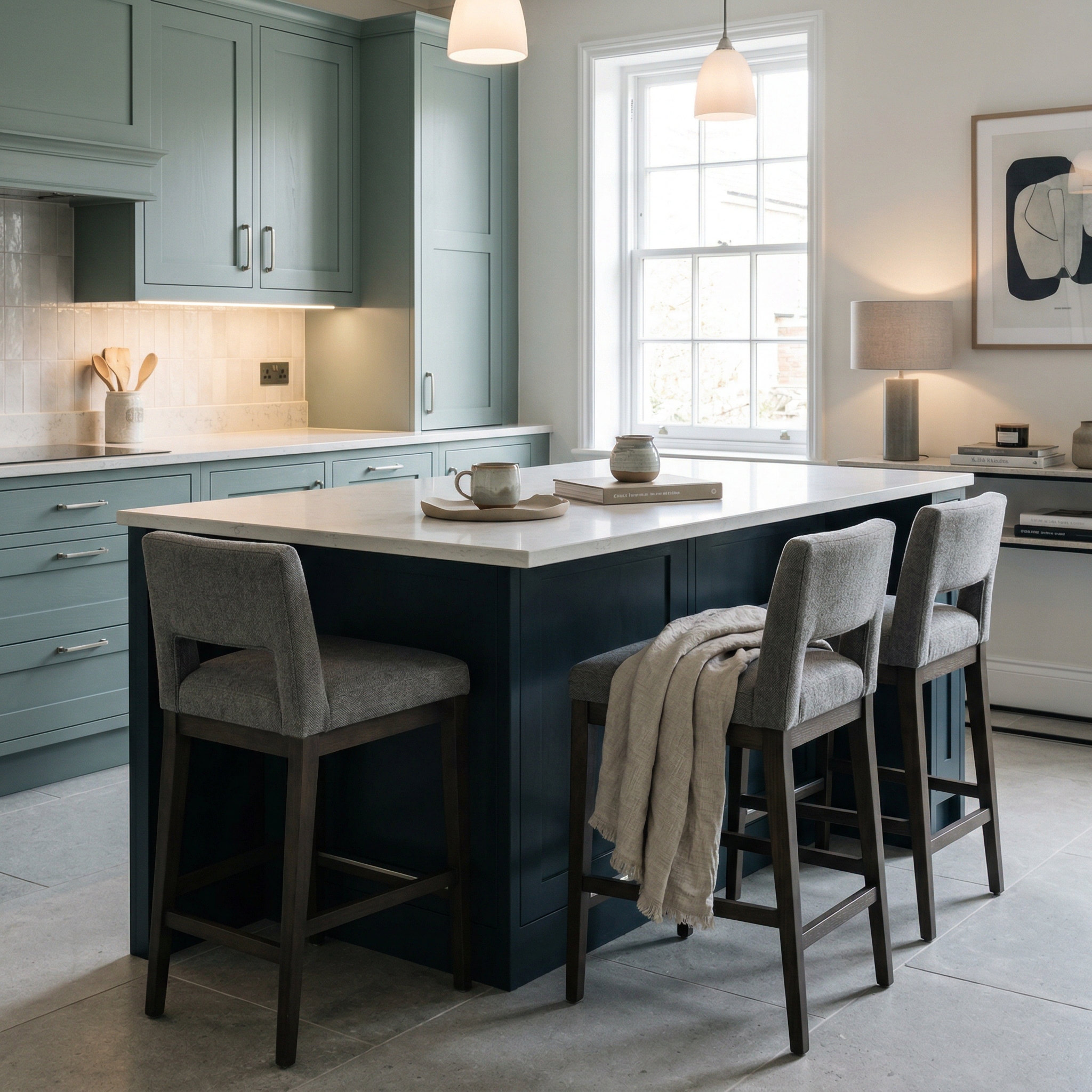 Bespoke kitchen island detail, matt painted handleless slab cabinetry with quality joinery
