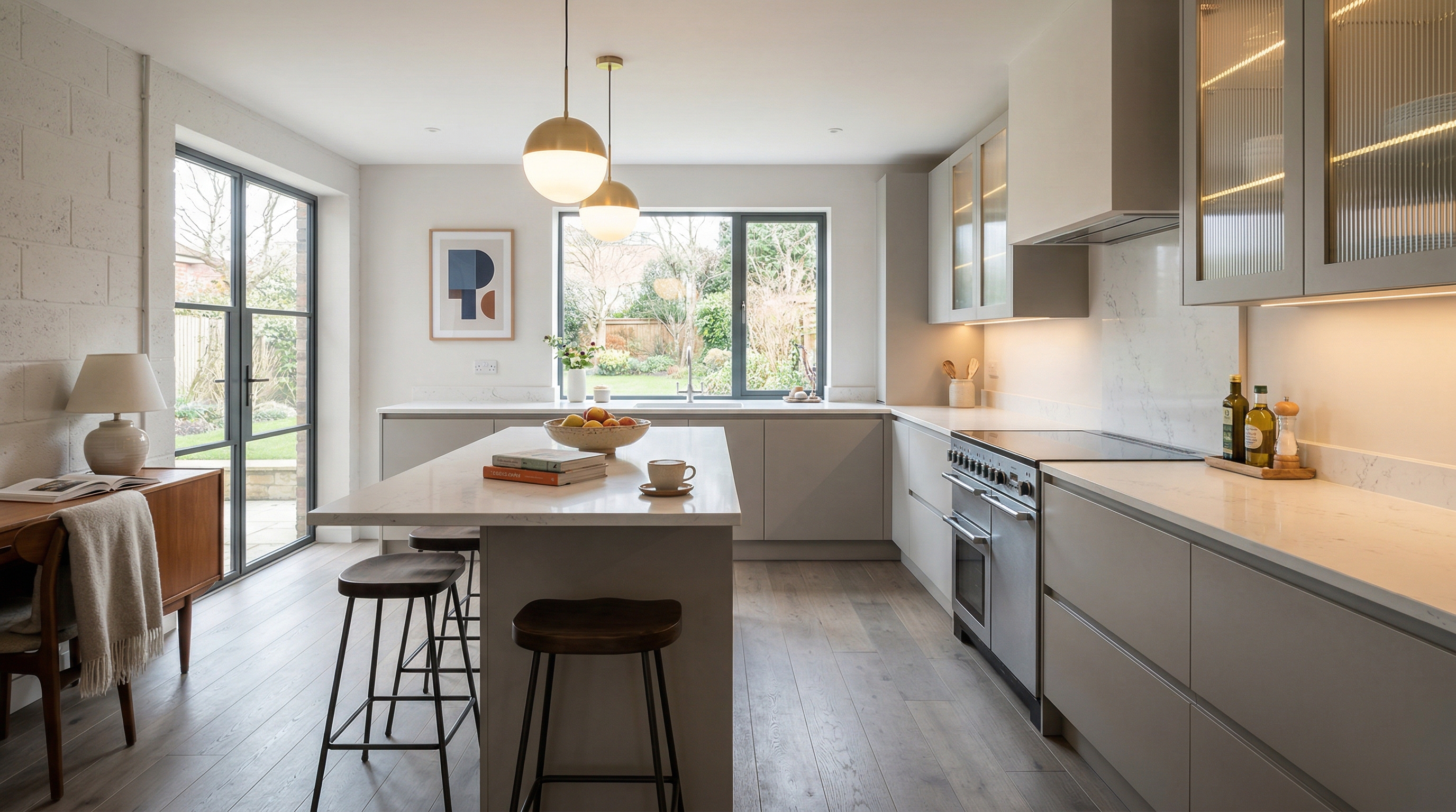 Mastercraft bespoke kitchen in Redruth, wide architectural view showing room volume and design quality