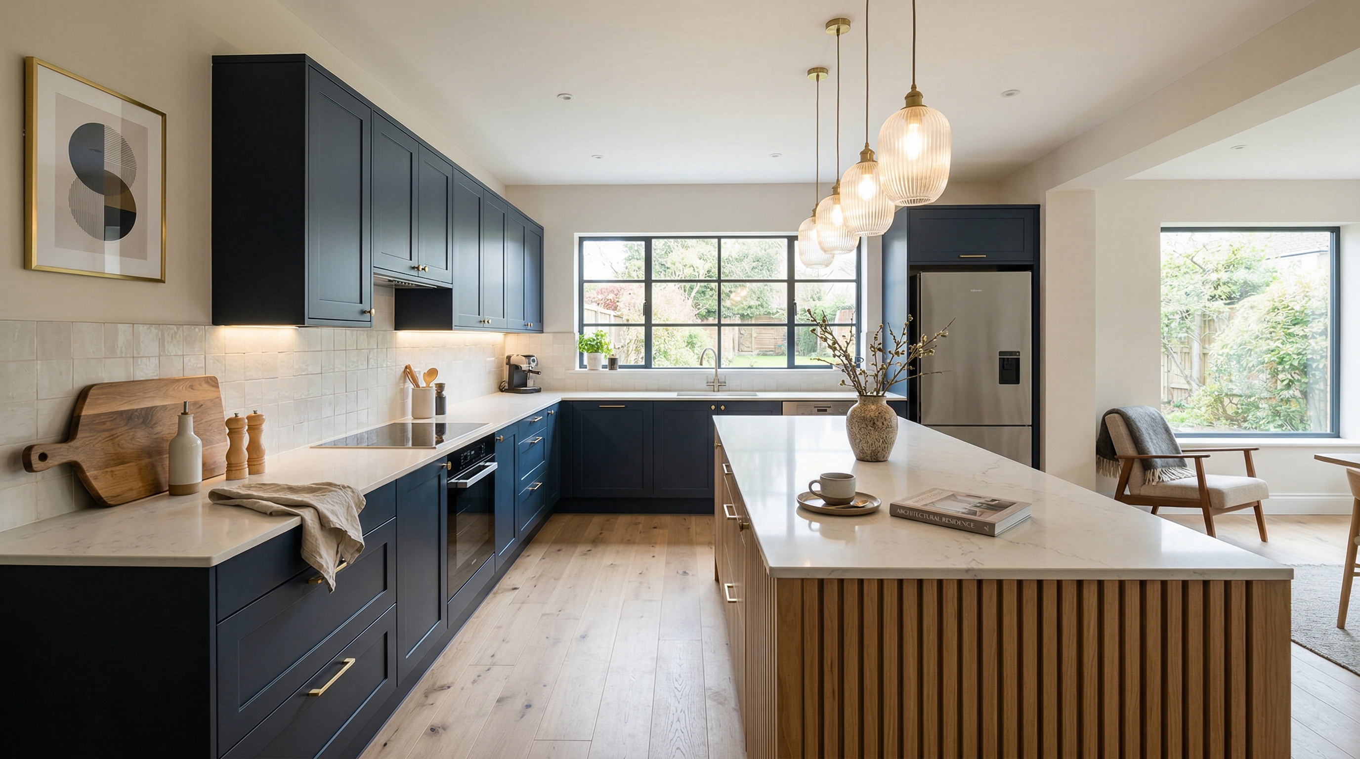 hero_1200x675 Wide view of a newly completed bespoke Mastercraft kitchen, contemporary painted lay-on cabinetry in mussel tones