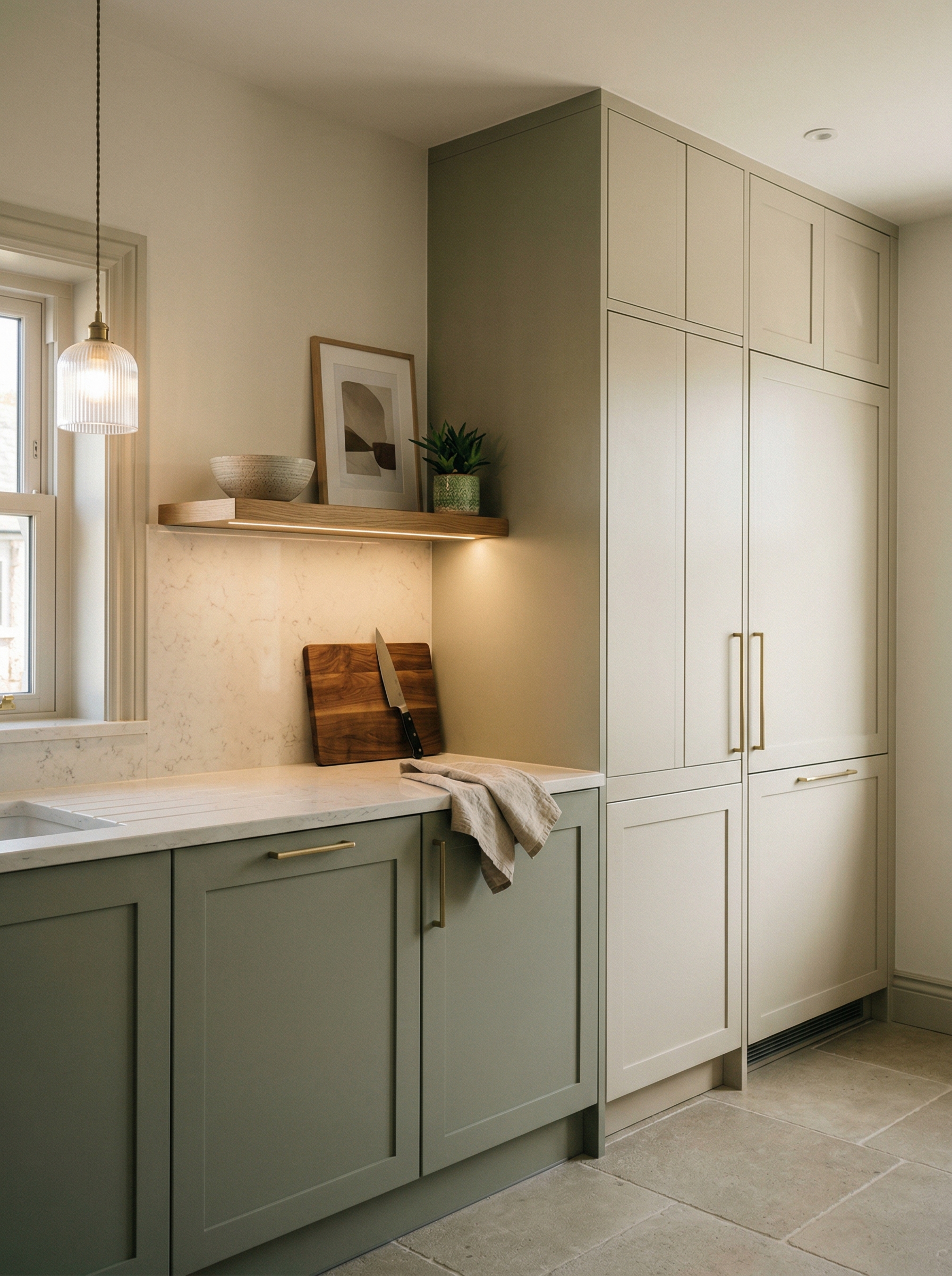 Tall view of full-height bespoke kitchen cabinetry, contemporary painted lay-on cabinetry