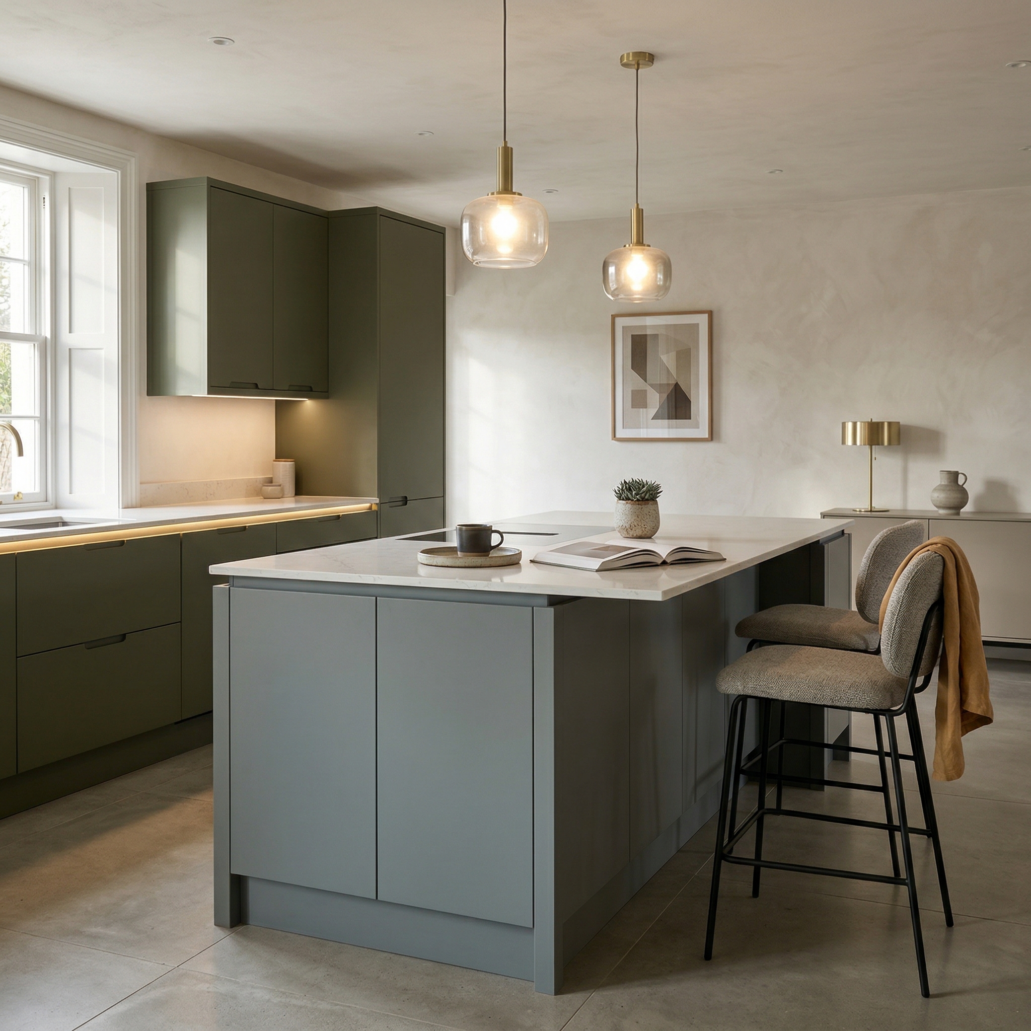 Bespoke kitchen island detail, contemporary painted lay-on cabinetry with quality joinery