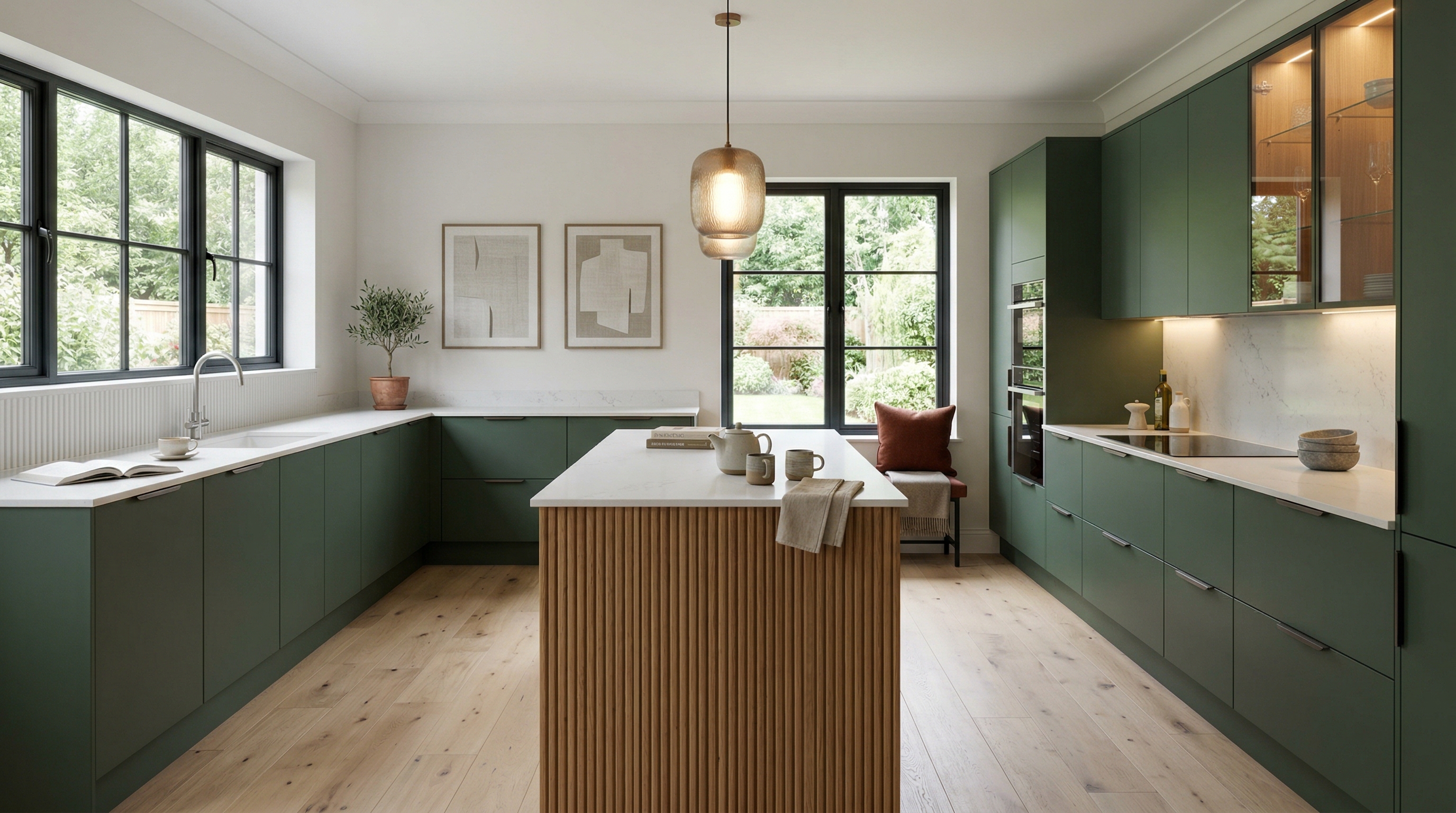 Wide view of a newly completed bespoke Mastercraft kitchen, matt painted handleless slab cabinetry in cannon black tones