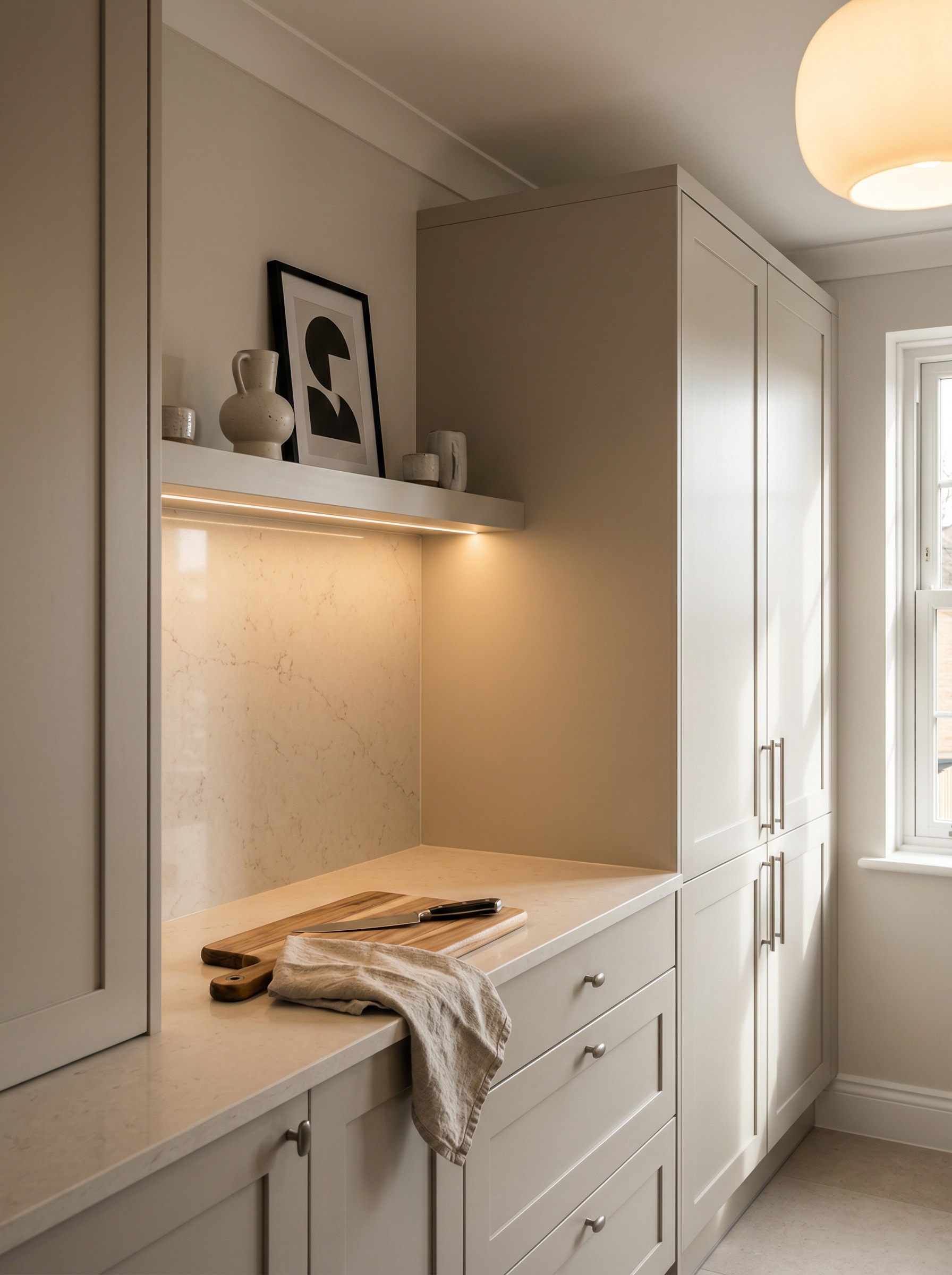 Tall view of full-height bespoke kitchen cabinetry, matt painted handleless slab cabinetry