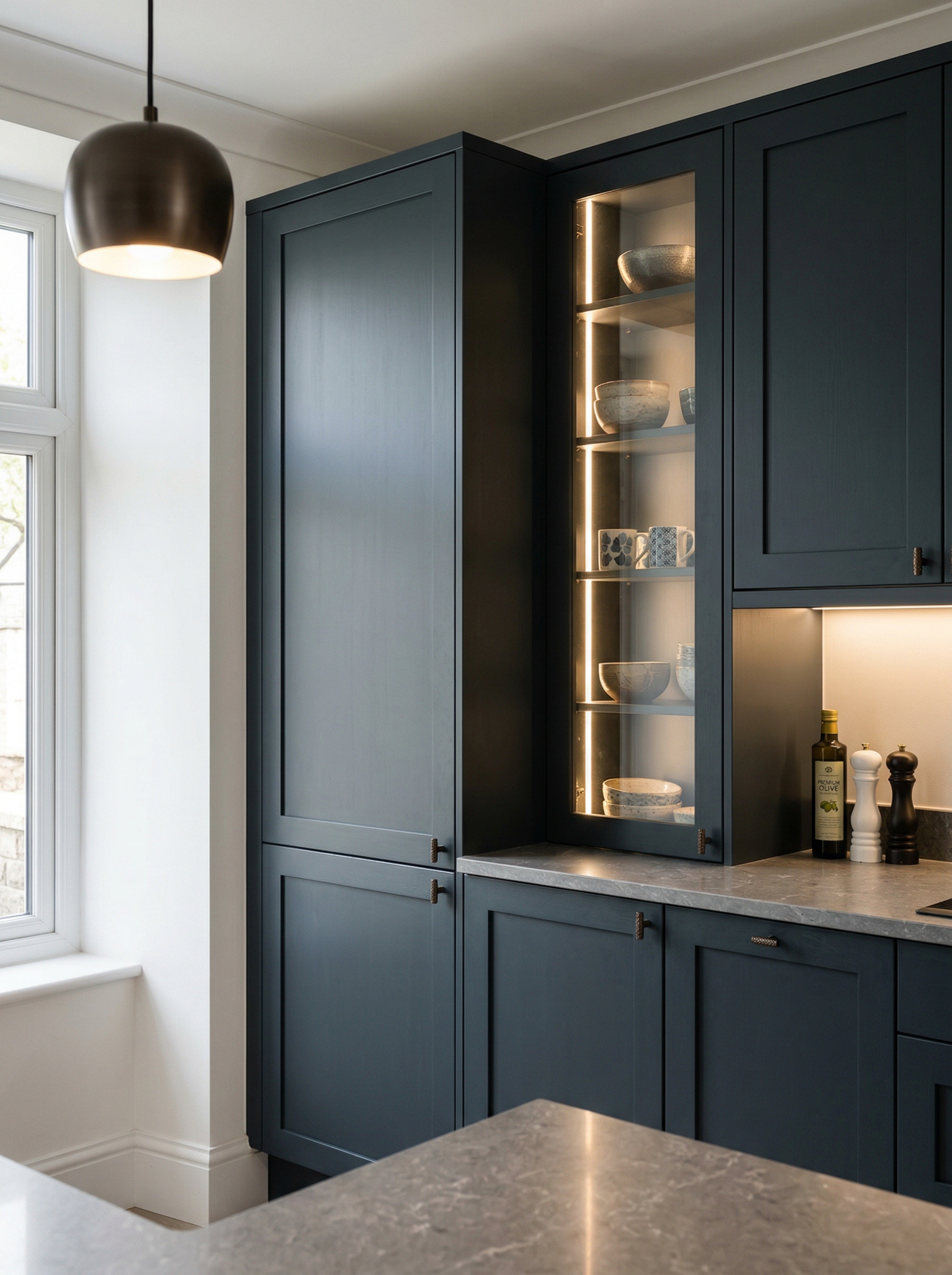 Bespoke kitchen installation, full-height cabinetry and considered storage design