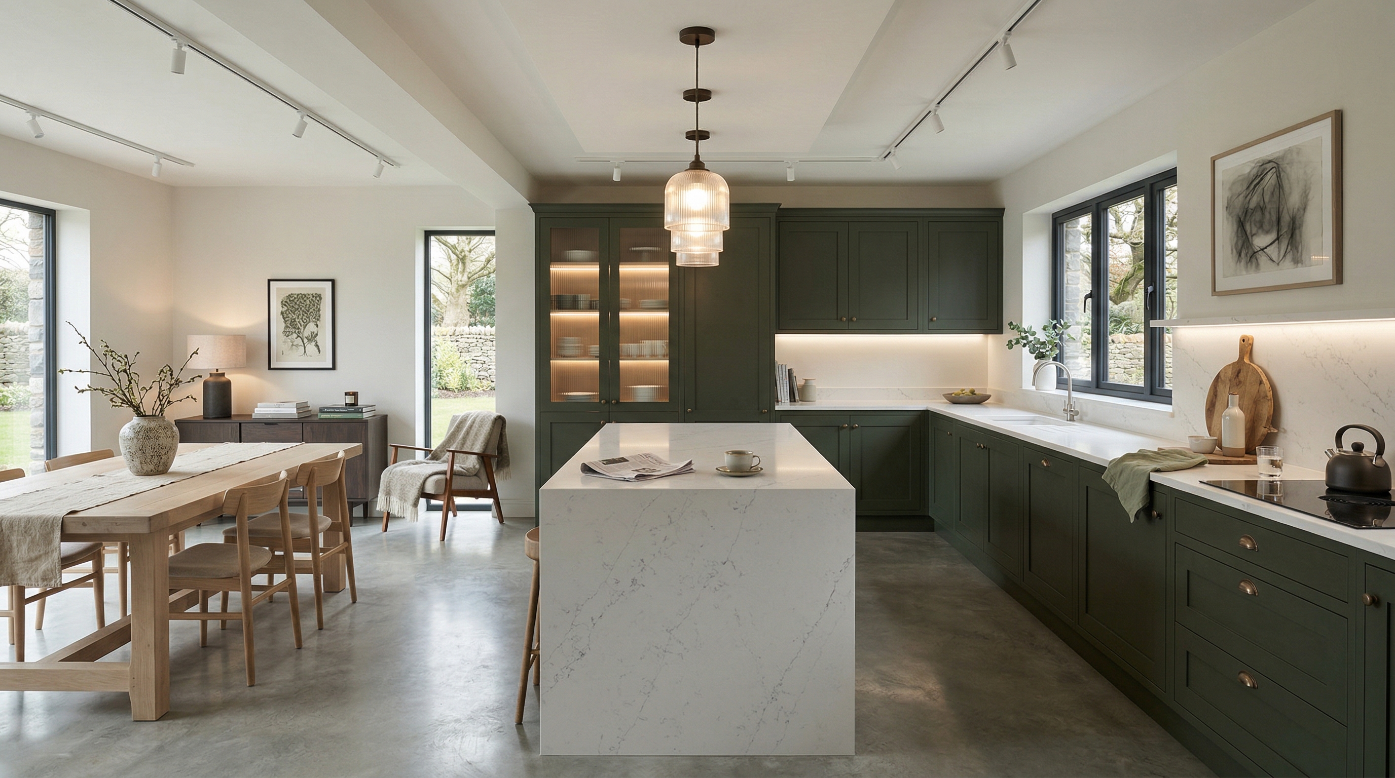 Mastercraft bespoke kitchen in Rhoose, wide architectural view showing room volume and design quality