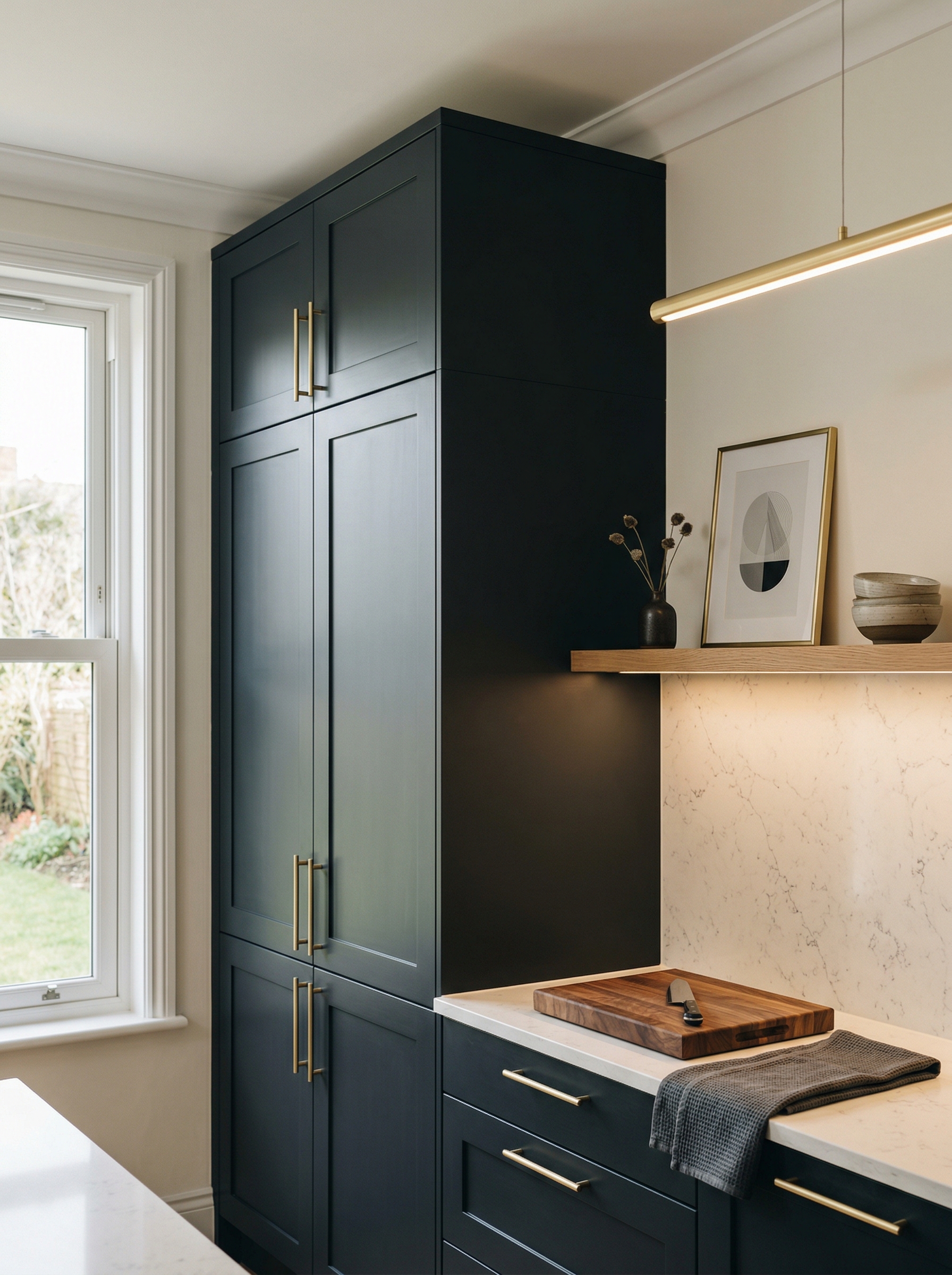 Tall view of full-height bespoke kitchen cabinetry, contemporary in-frame cabinetry