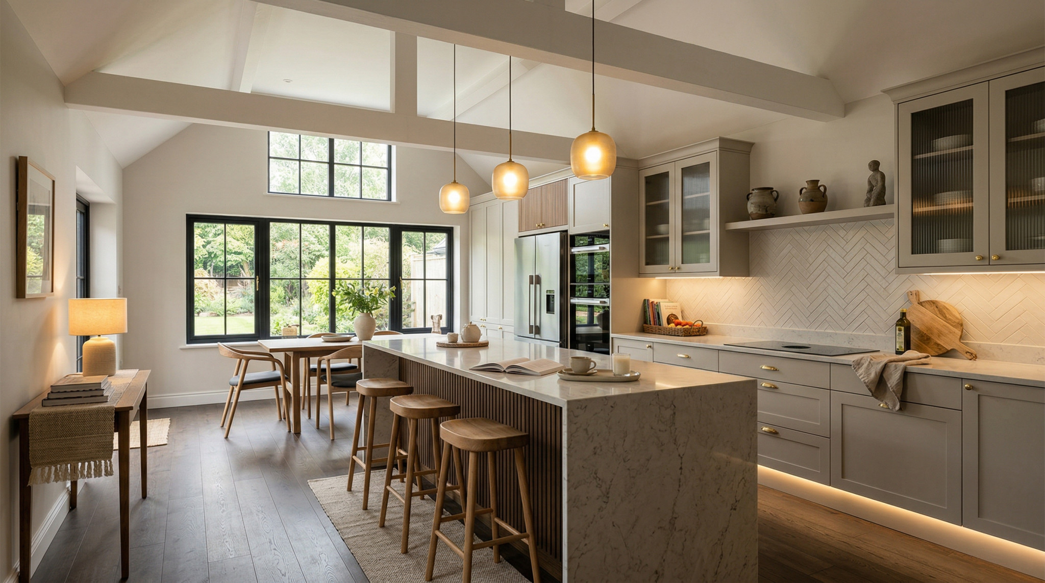Wide view of a newly completed bespoke Mastercraft kitchen, contemporary painted lay-on cabinetry in porcelain tones