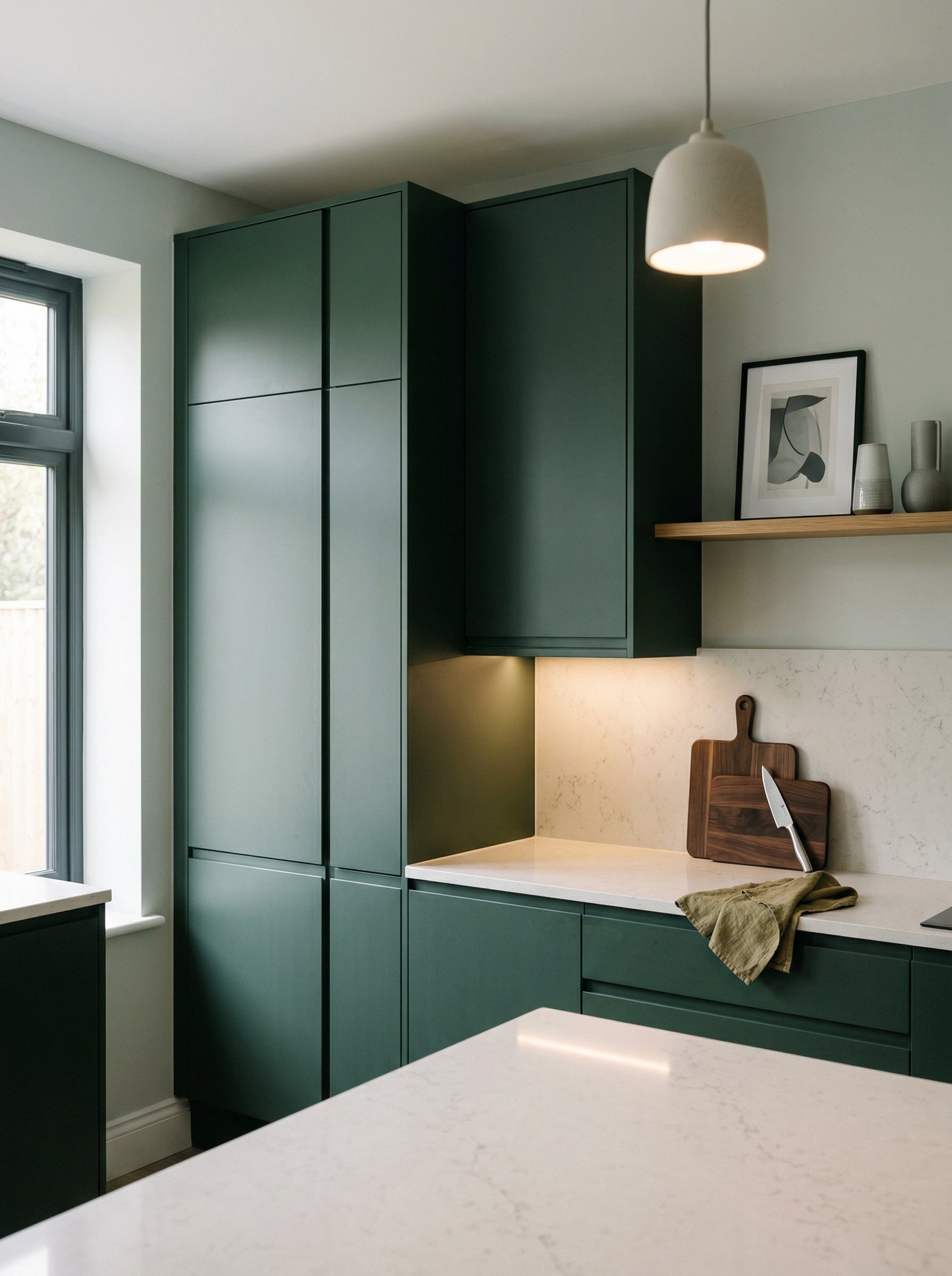 Tall view of full-height bespoke kitchen cabinetry, contemporary painted lay-on cabinetry