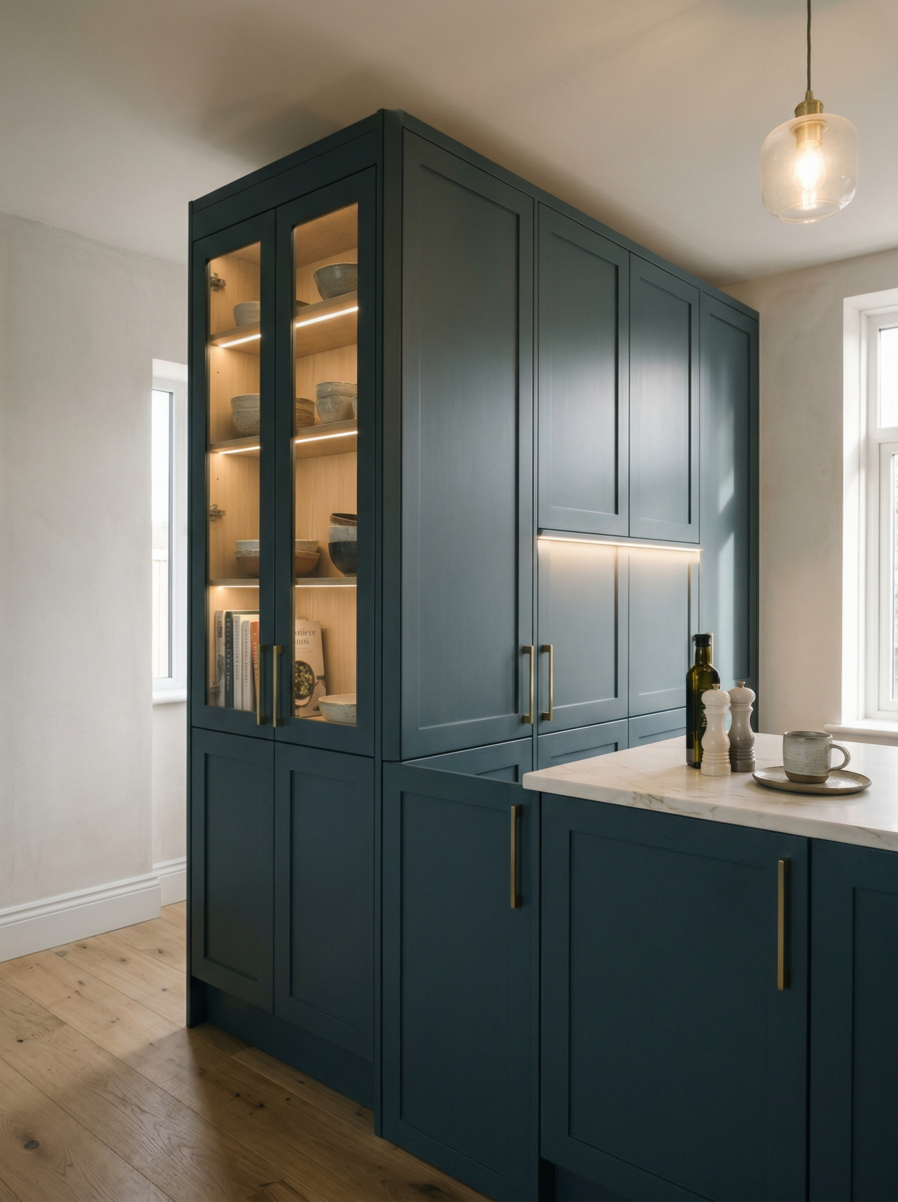 Bespoke kitchen installation, full-height cabinetry and considered storage design