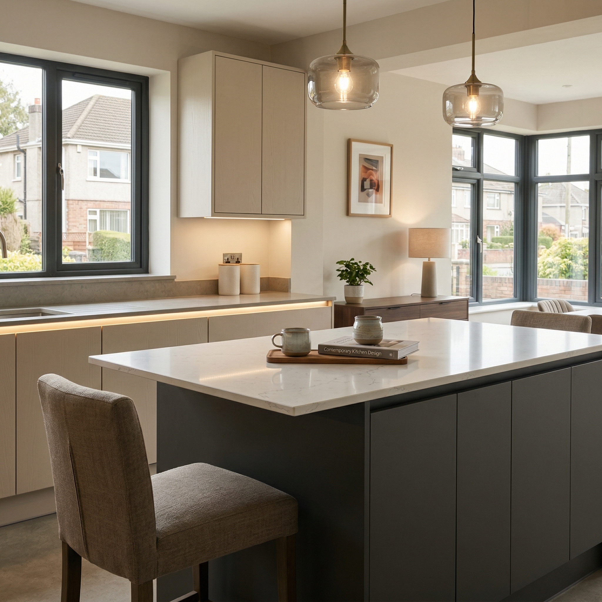 Bespoke kitchen island detail, contemporary painted lay-on cabinetry with quality joinery