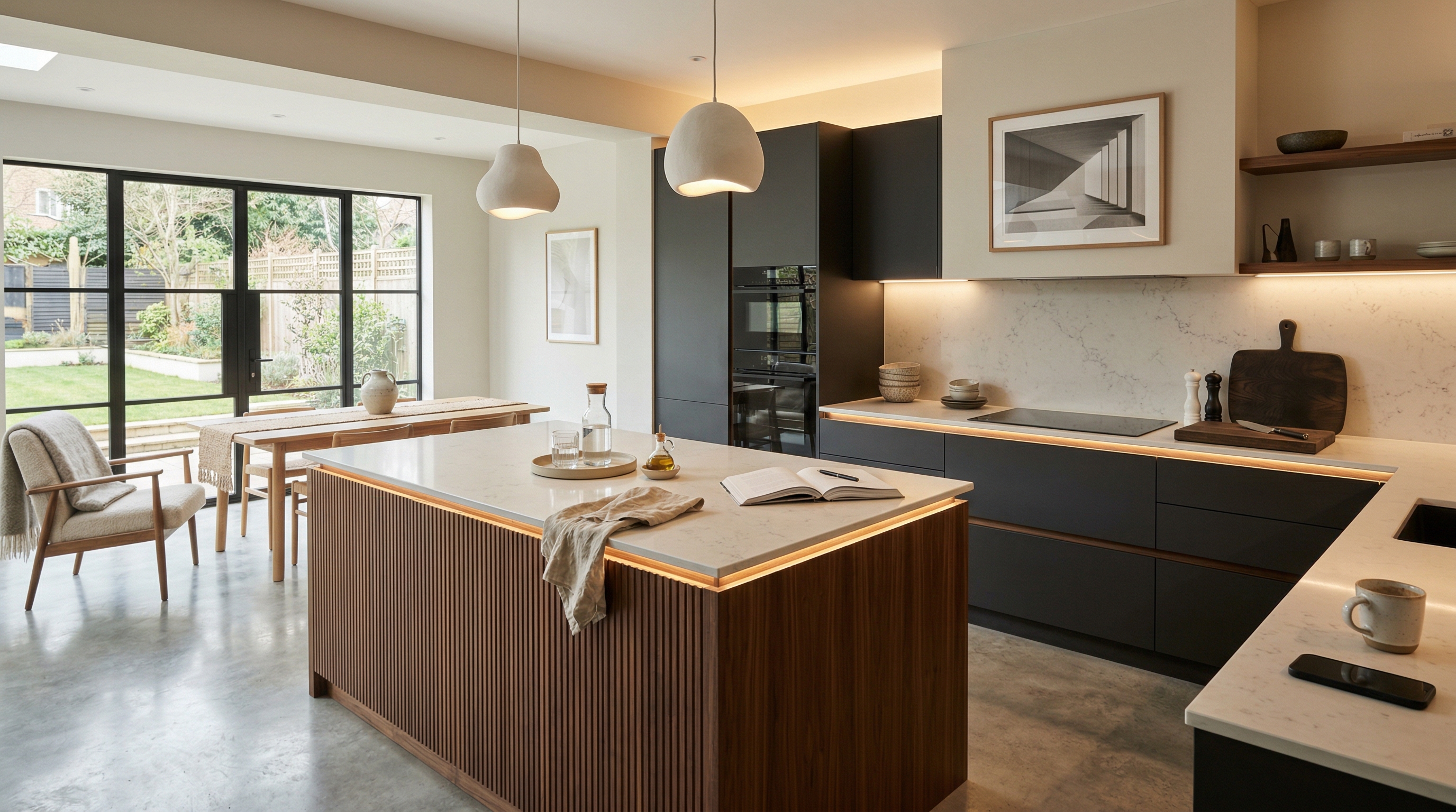 Mastercraft bespoke kitchen in Richmond, wide architectural view showing room volume and design quality