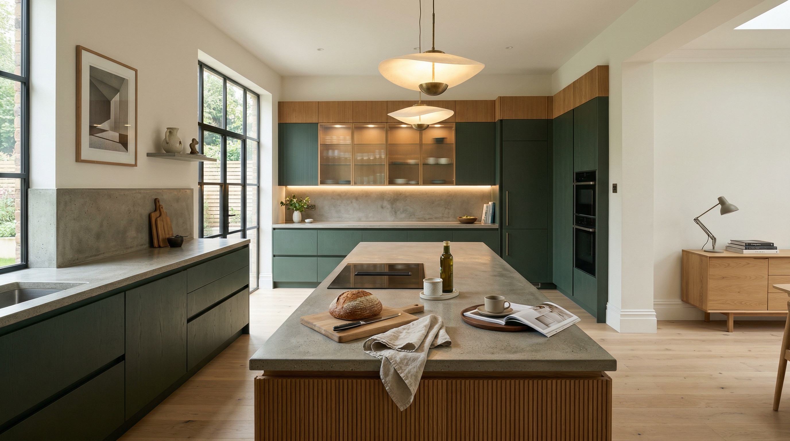 hero_1200x675 Wide view of a newly completed bespoke Mastercraft kitchen, modern shaker cabinetry in parisian blue tones