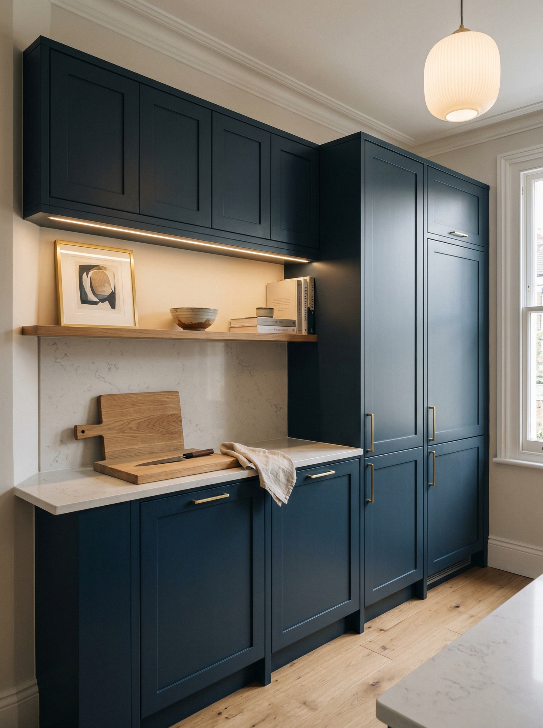 Tall view of full-height bespoke kitchen cabinetry, modern shaker cabinetry