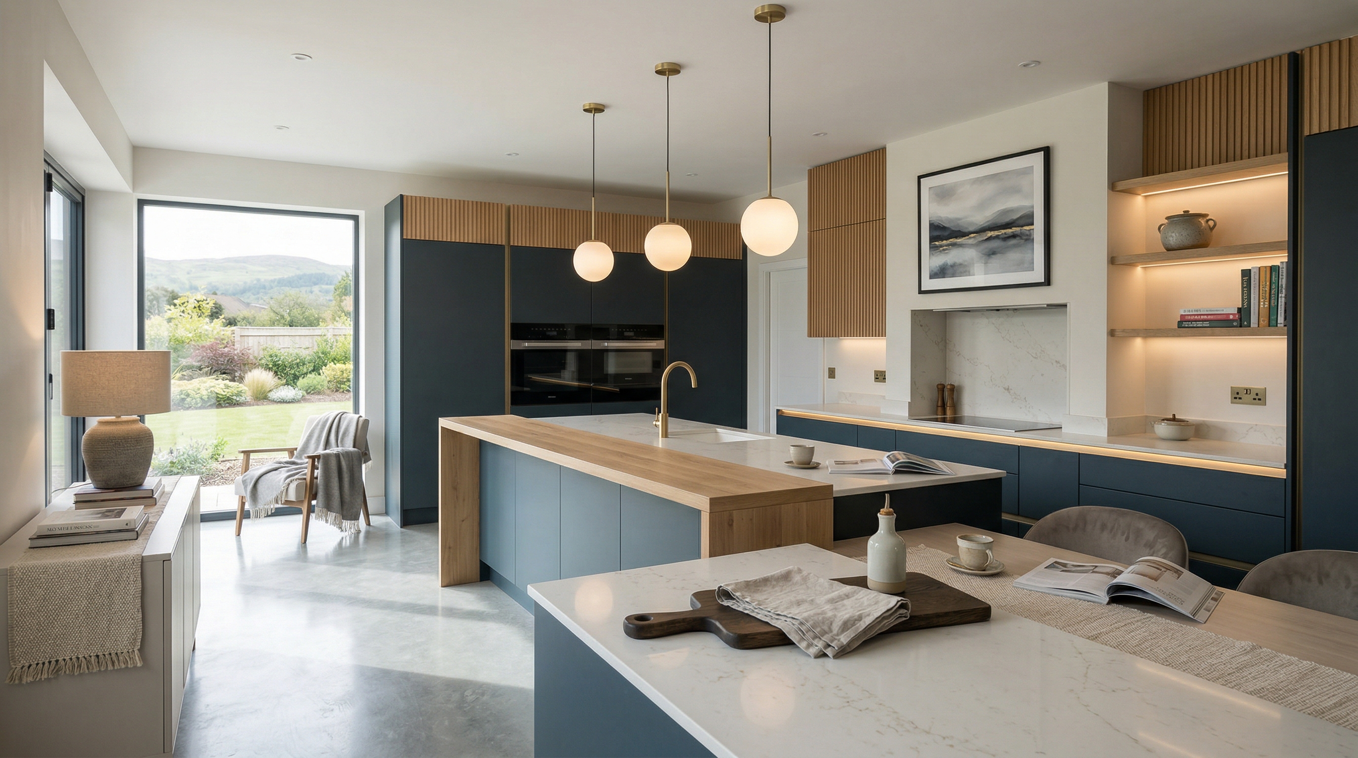 hero_1200x675 Wide view of a newly completed bespoke Mastercraft kitchen, matt painted handleless slab cabinetry in mussel tones