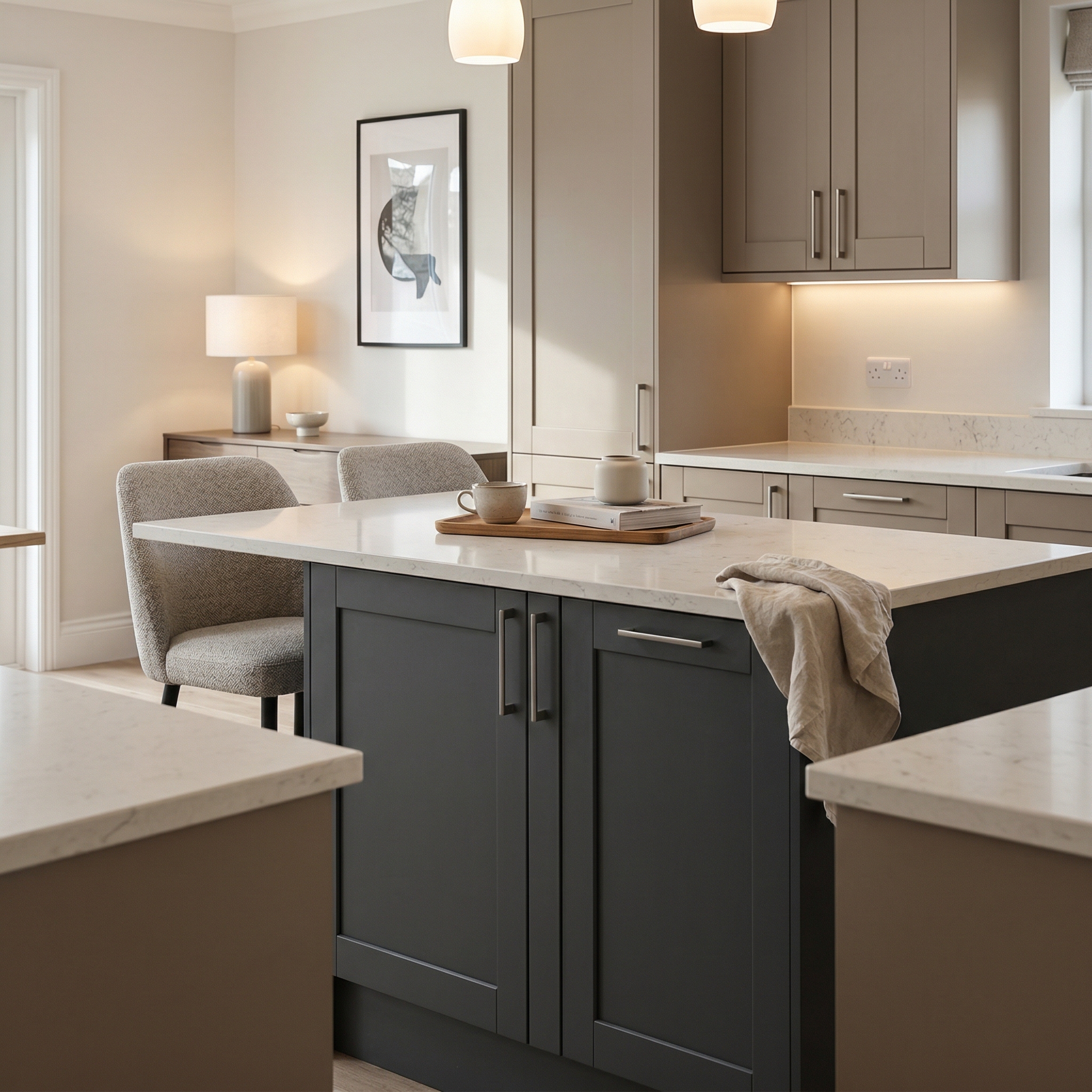 Bespoke kitchen island detail, matt painted handleless slab cabinetry with quality joinery