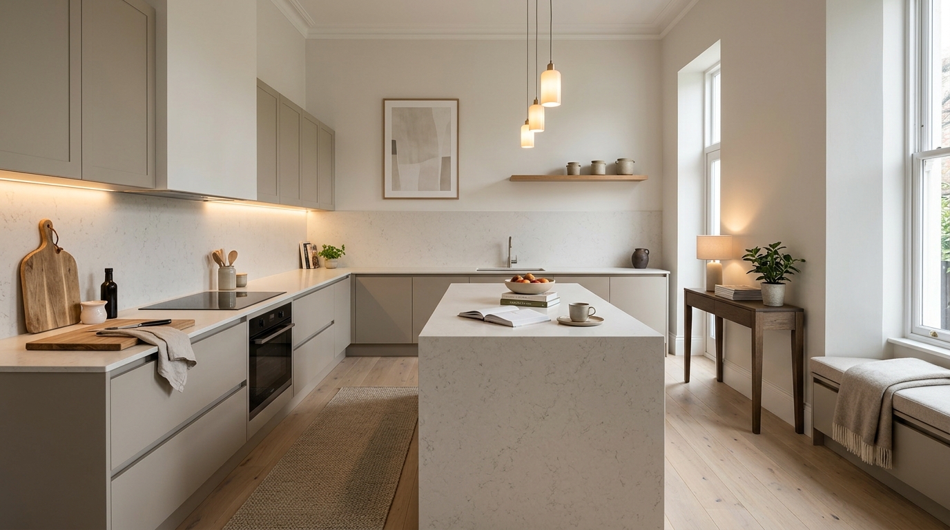 hero_1200x675 Wide view of a newly completed bespoke Mastercraft kitchen, contemporary painted lay-on cabinetry in pantry blue tones