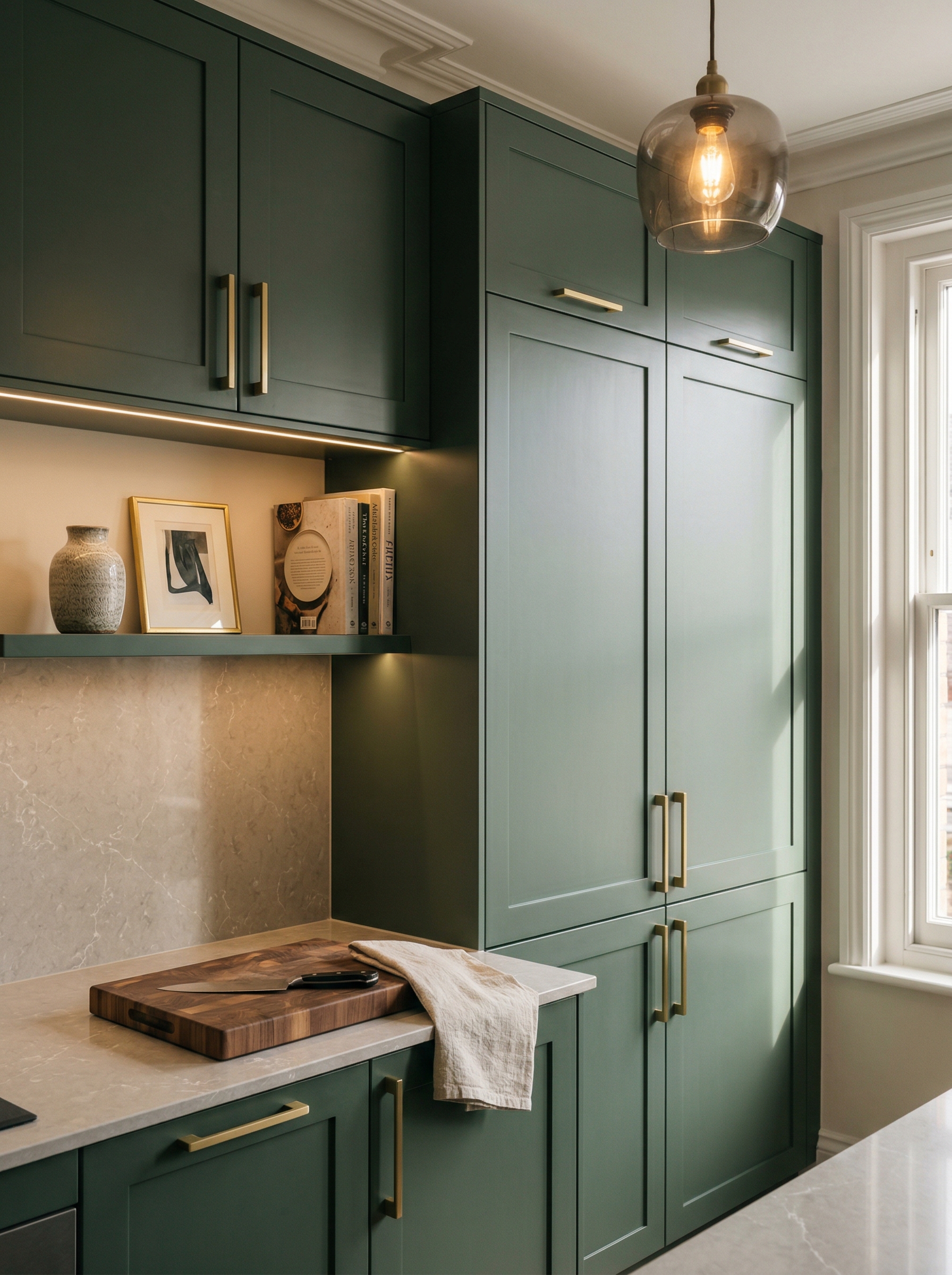 Tall view of full-height bespoke kitchen cabinetry, contemporary painted lay-on cabinetry