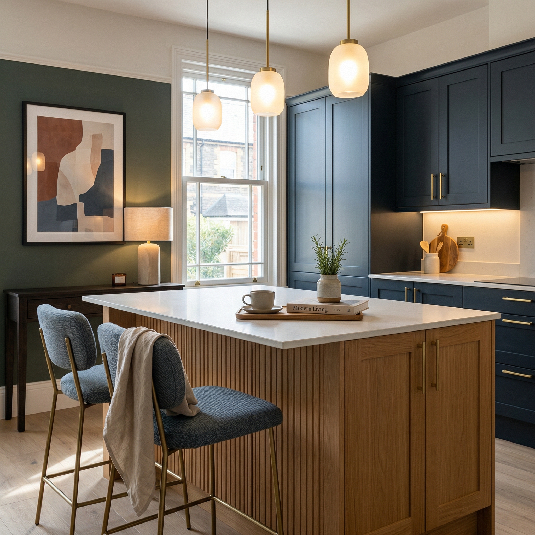 Bespoke kitchen island detail, contemporary painted lay-on cabinetry with quality joinery
