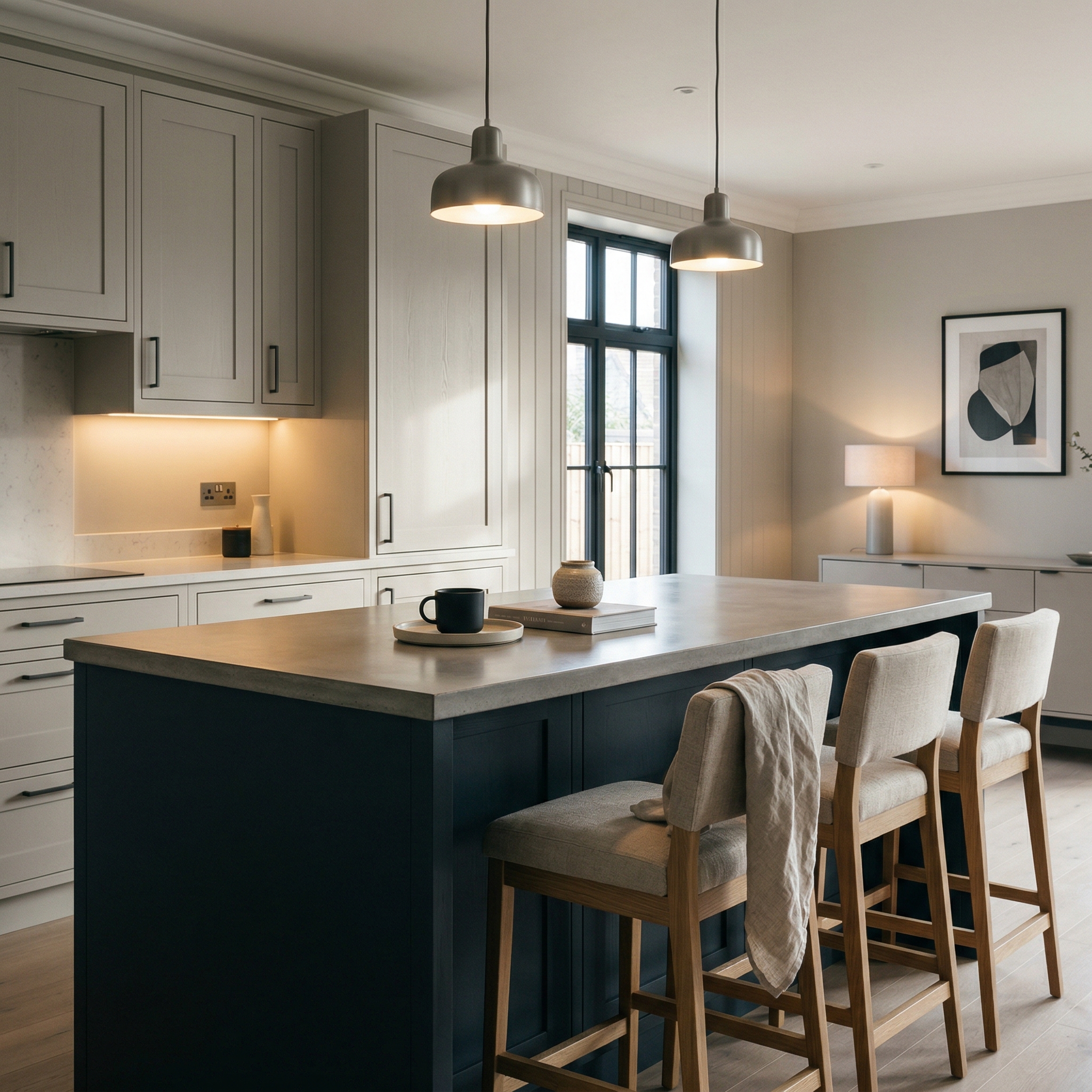 Bespoke kitchen island detail, modern shaker cabinetry with quality joinery