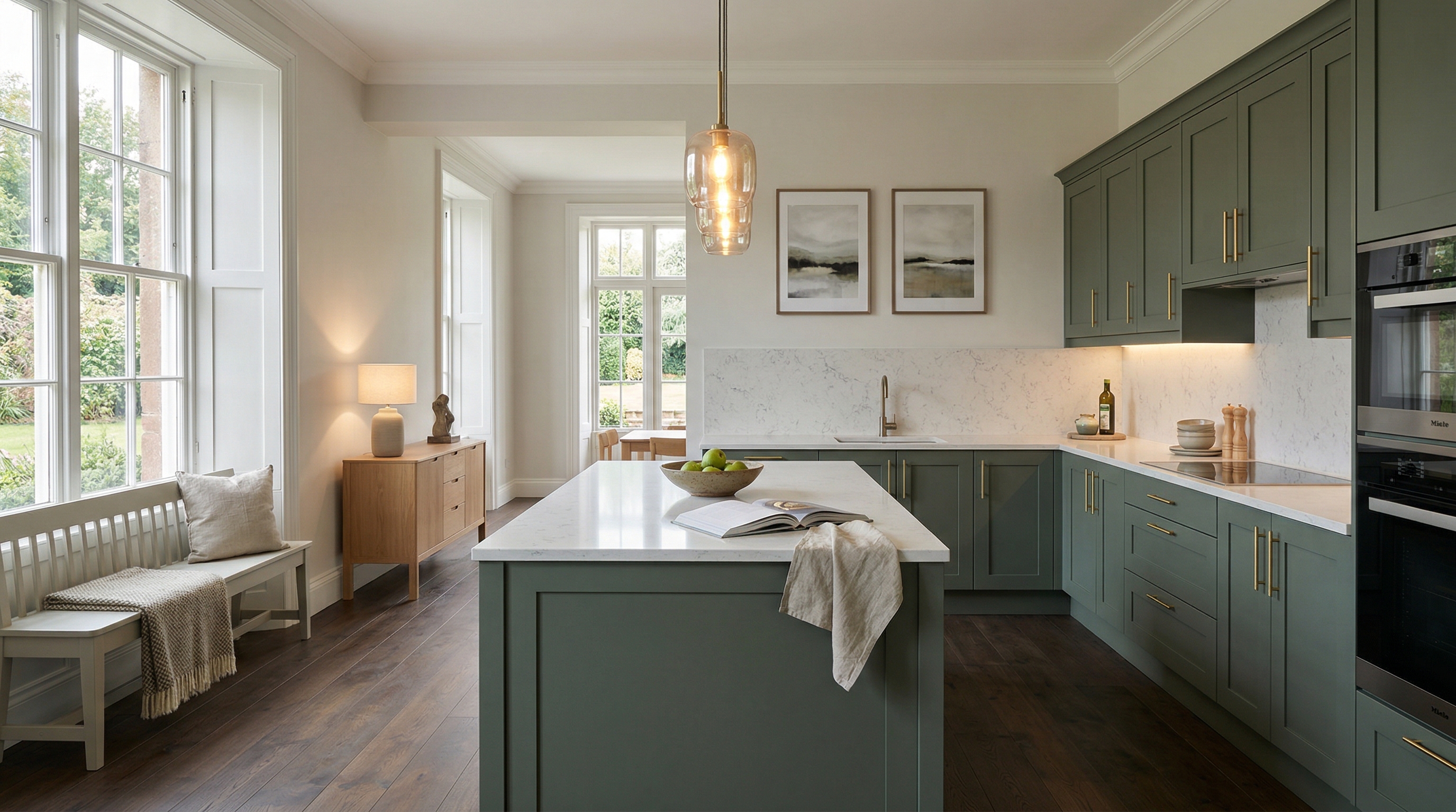 Wide view of a newly completed bespoke Mastercraft kitchen, contemporary painted lay-on cabinetry in airforce tones