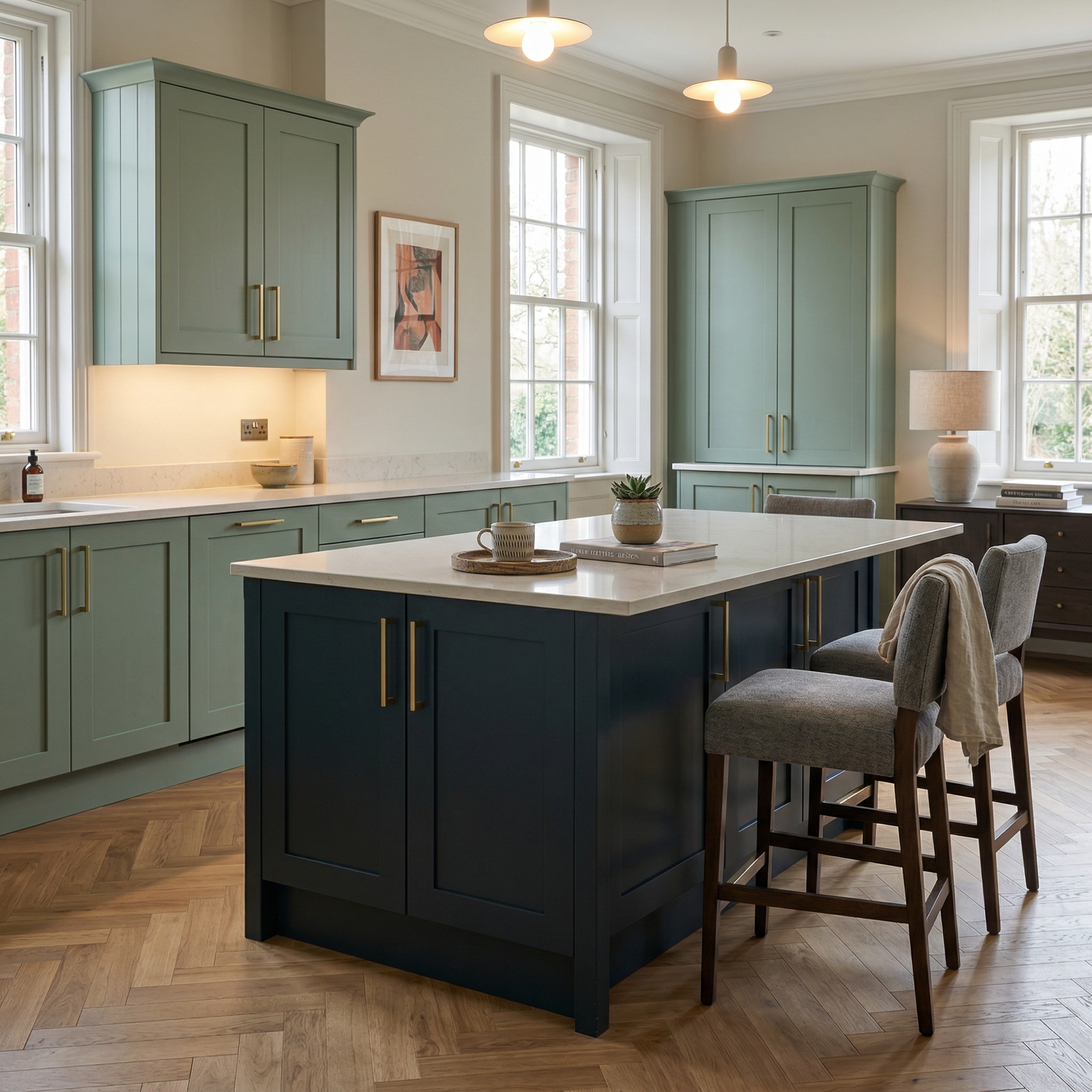Bespoke kitchen island detail, contemporary painted lay-on cabinetry with quality joinery