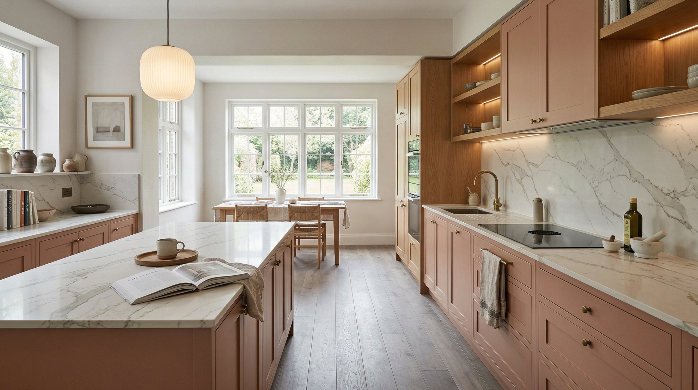 hero_1200x675 Wide view of a newly completed bespoke Mastercraft kitchen, matt painted handleless slab cabinetry in deep forest tones