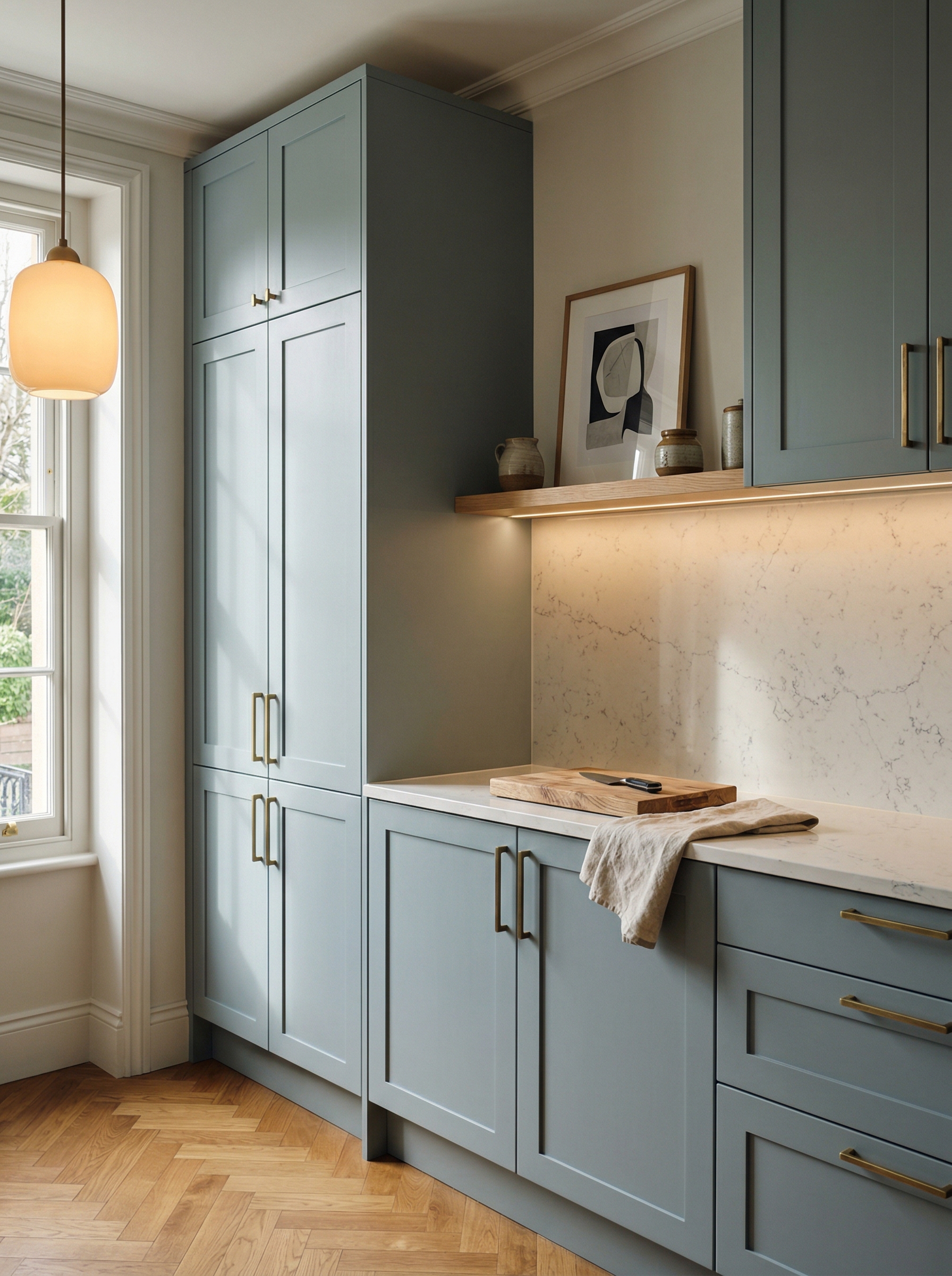 Tall view of full-height bespoke kitchen cabinetry, matt painted handleless slab cabinetry