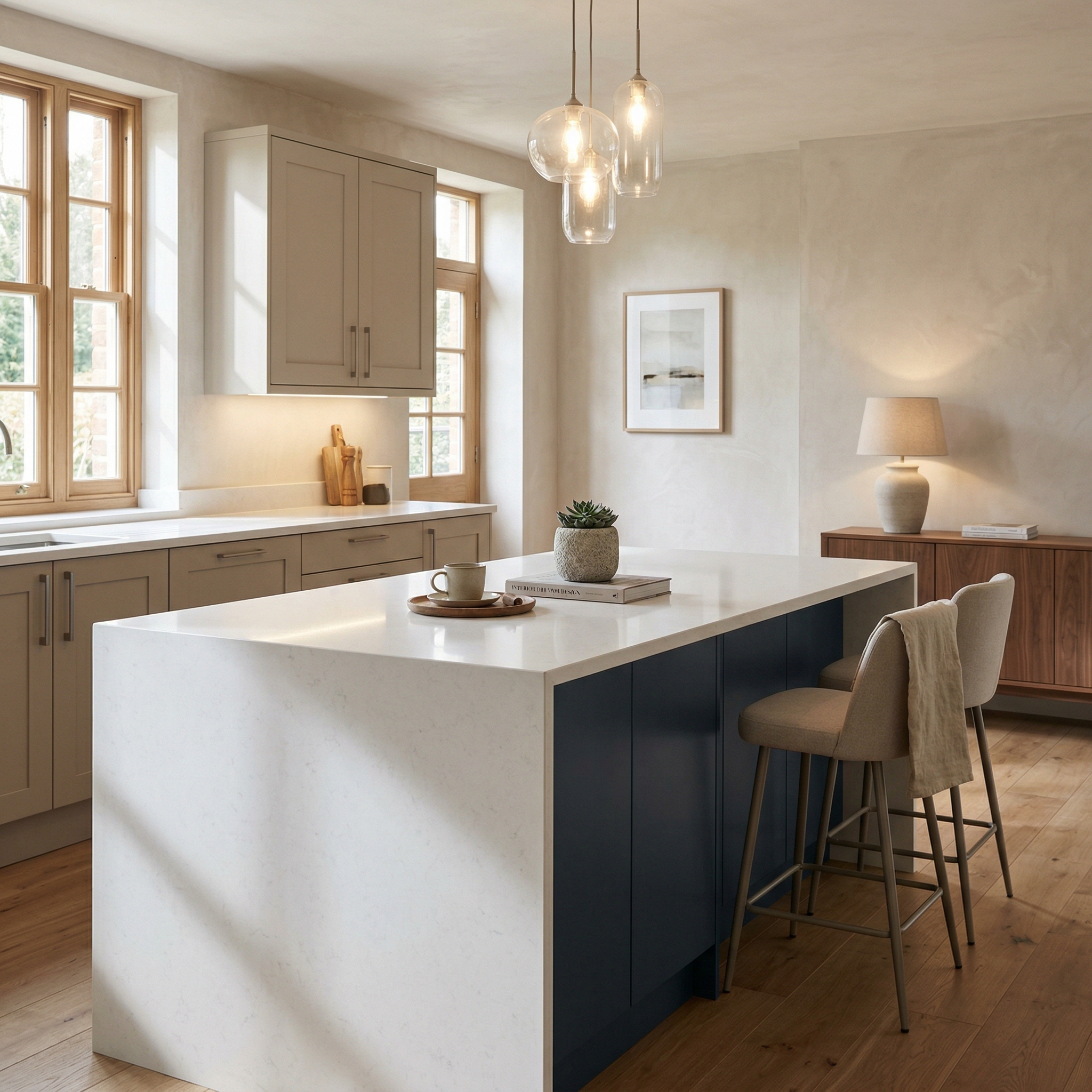 Bespoke kitchen island detail, matt painted handleless slab cabinetry with quality joinery