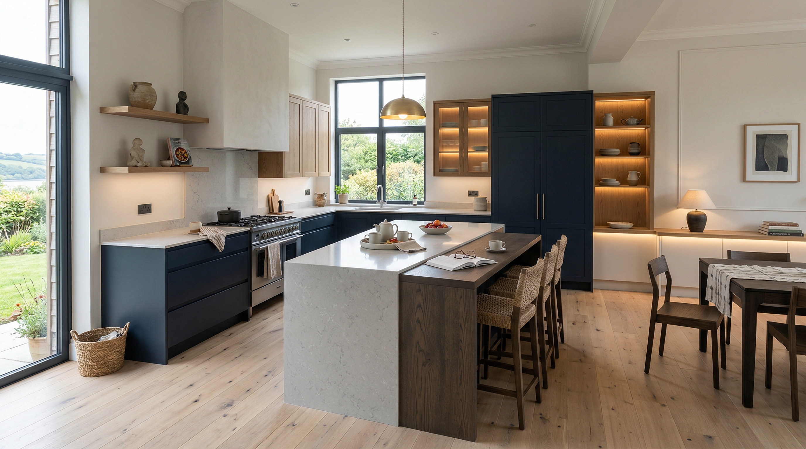 Mastercraft bespoke kitchen in Saltash, wide architectural view showing room volume and design quality