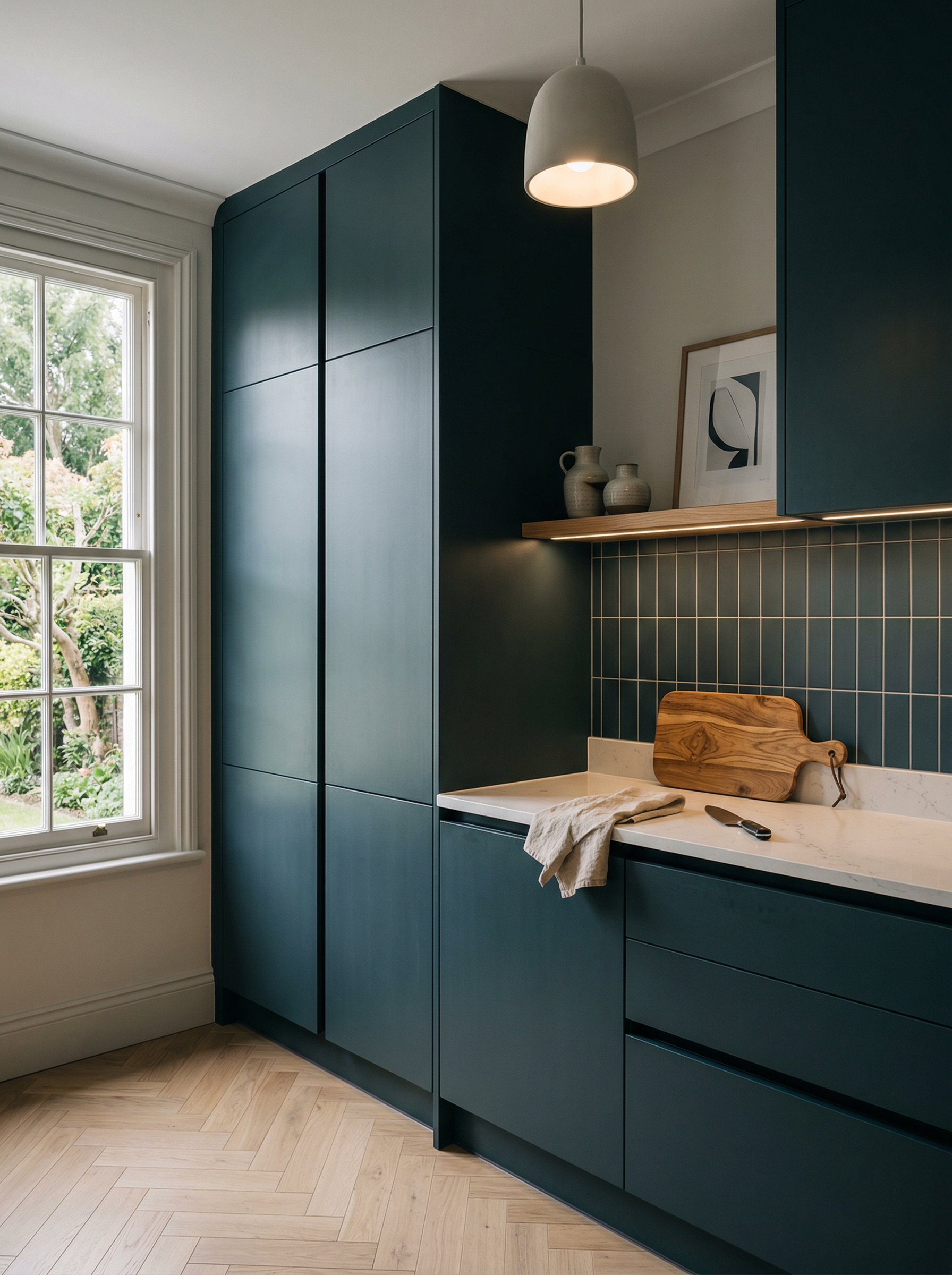 Tall view of full-height bespoke kitchen cabinetry, contemporary painted lay-on cabinetry