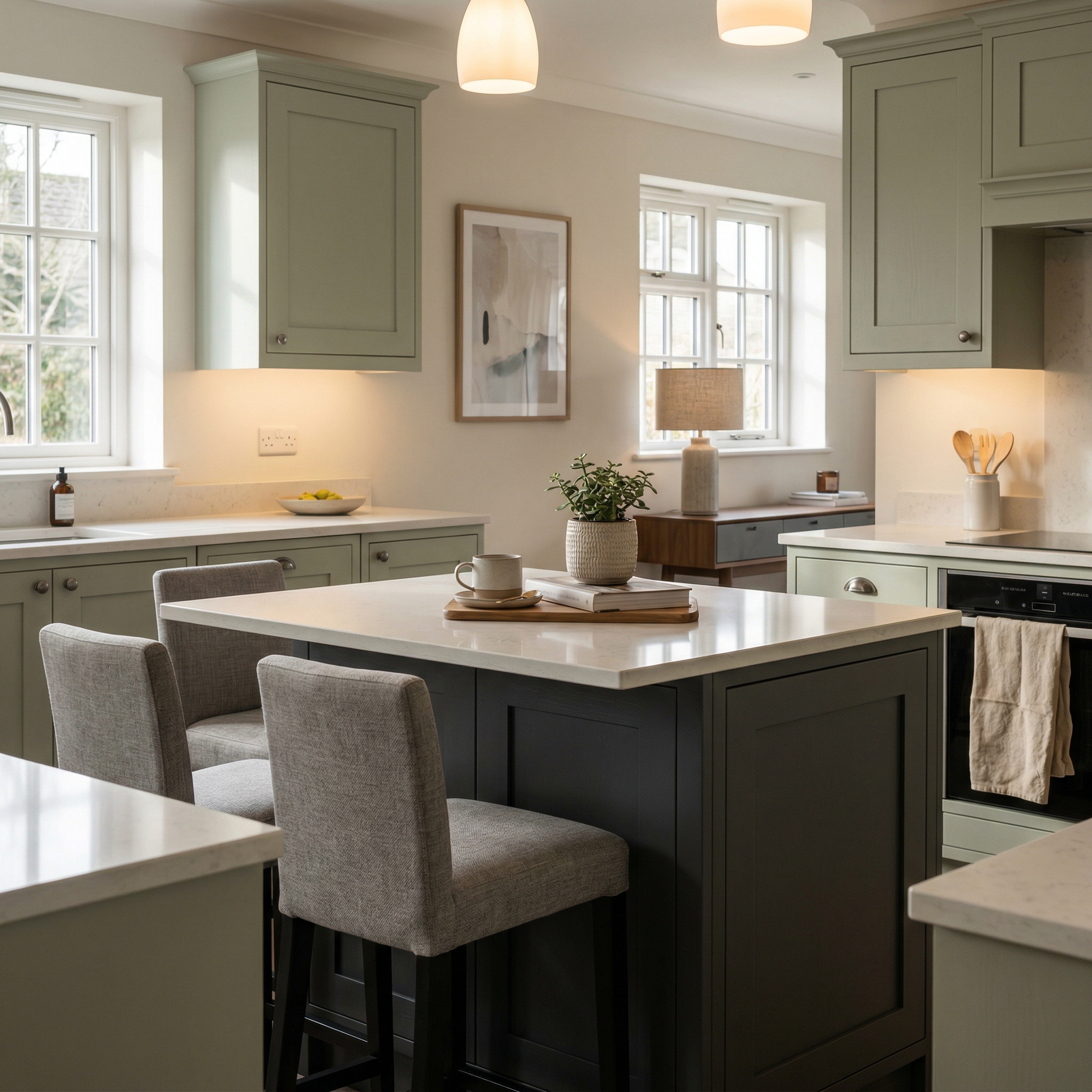 Bespoke kitchen island detail, contemporary painted lay-on cabinetry with quality joinery